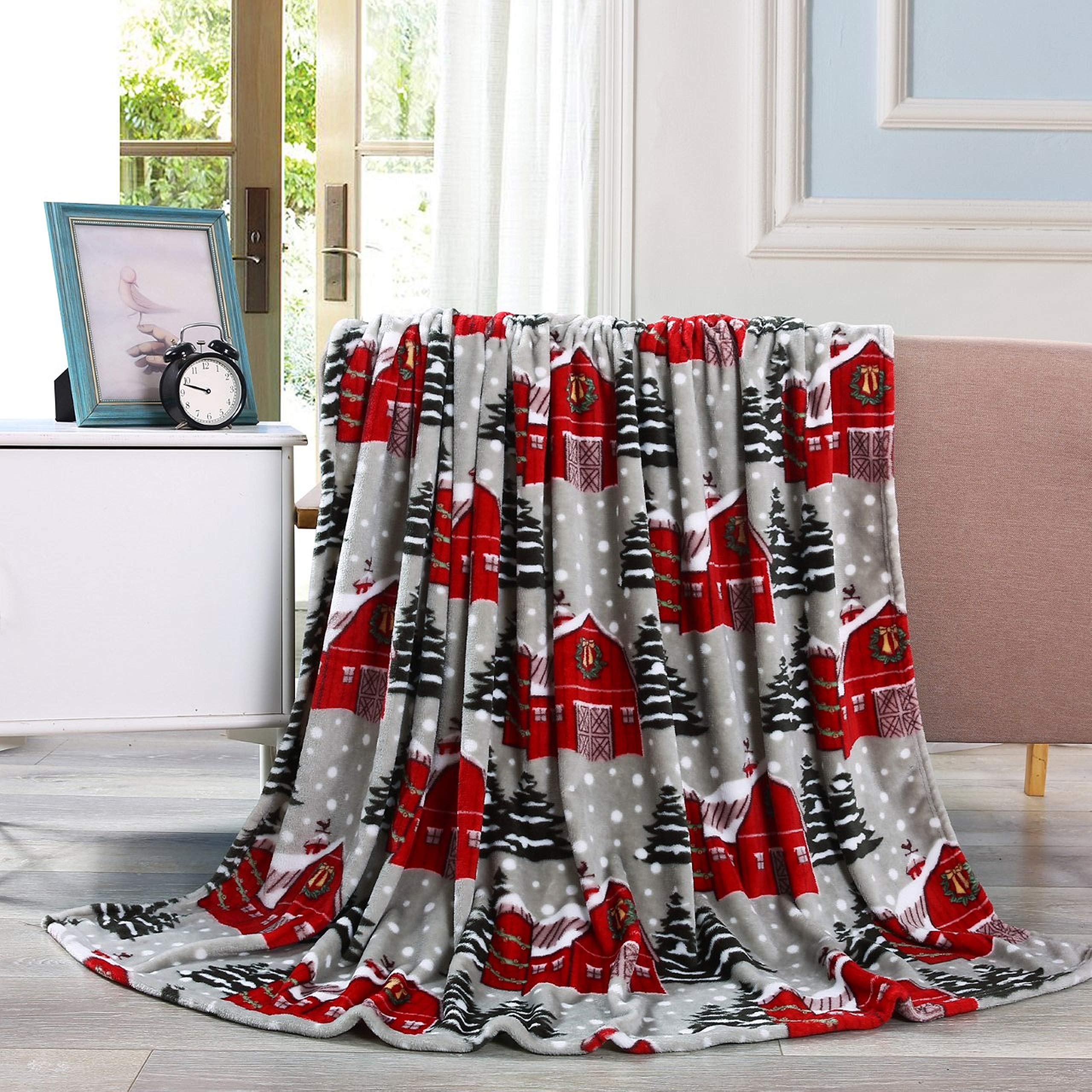 Elegant Comfort Velvet Touch Ultra Plush Christmas Holiday Printed Fleece Throw/Blanket-50 X 60Inch, (Snowy Barn), 50 X 60 Inch