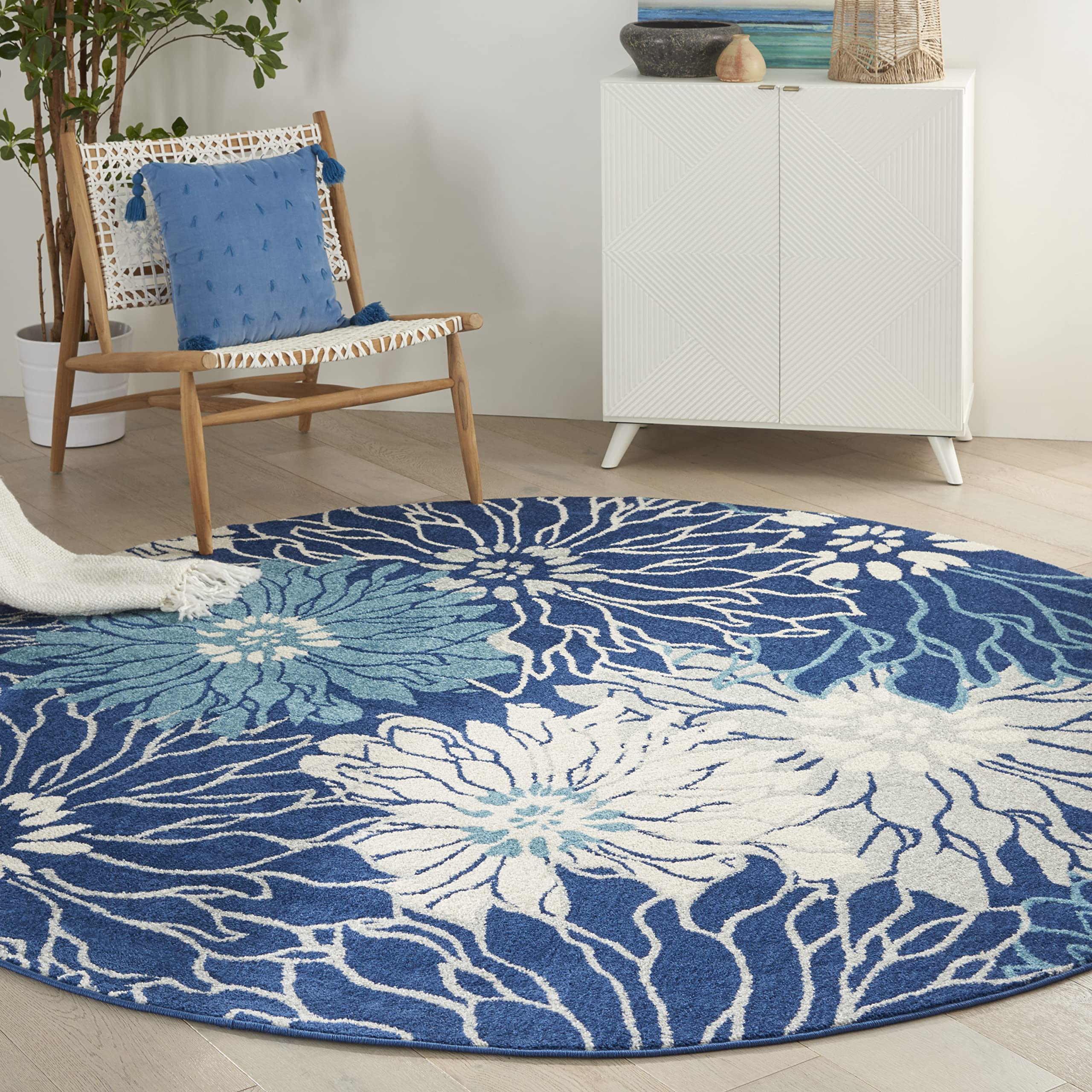 Nourison Passion Navy/Ivory 8' X Round Area Rug, Floral, Farmhouse, Easy Cleaning, Non Shedding, Bed Room, Living Room, Dining R