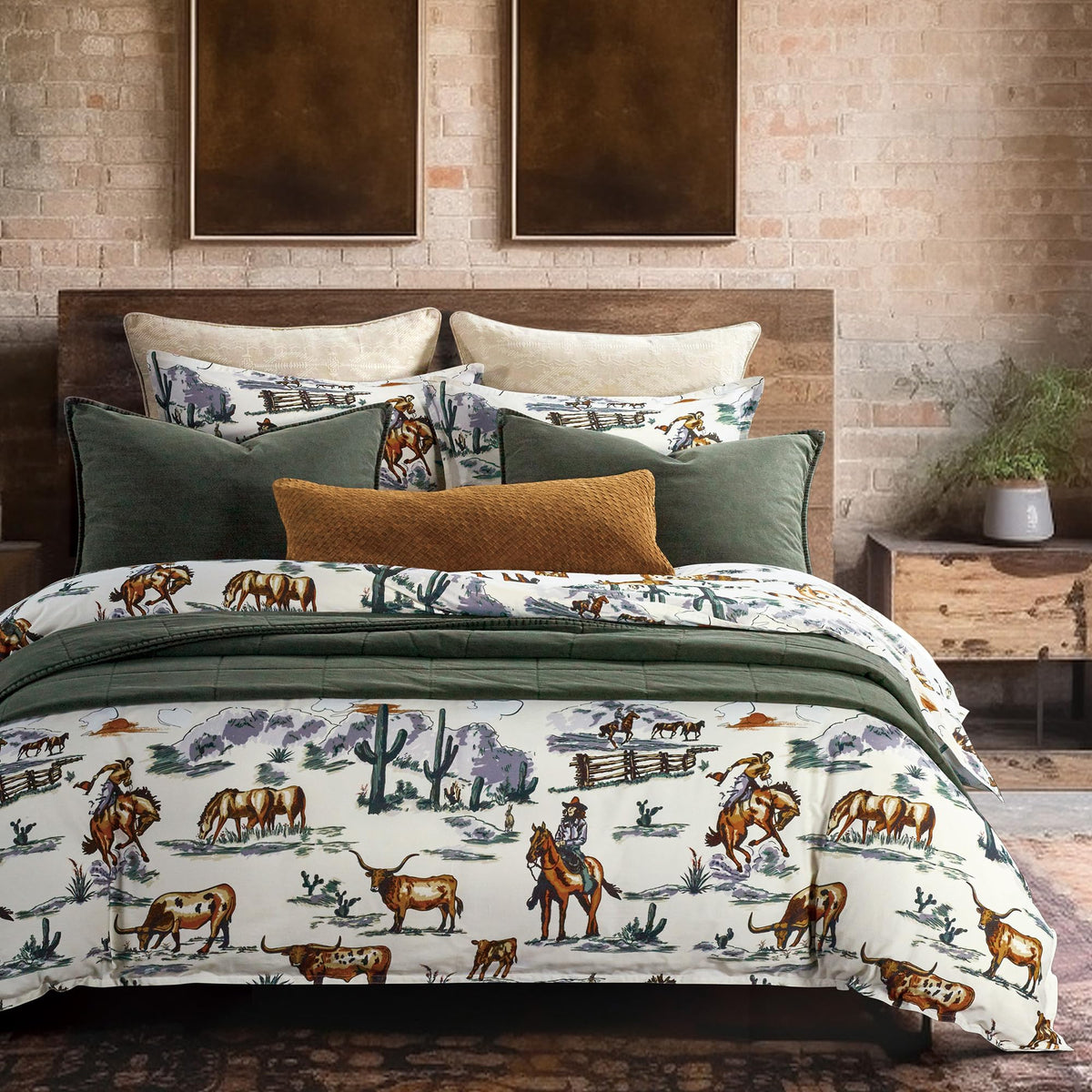 Paseo Road By Hiend Accents Ranch Life Western Bedding 3 Piece King Duvet Cover Set, Cotton Cow Cowboy Longhorn Horse Print West