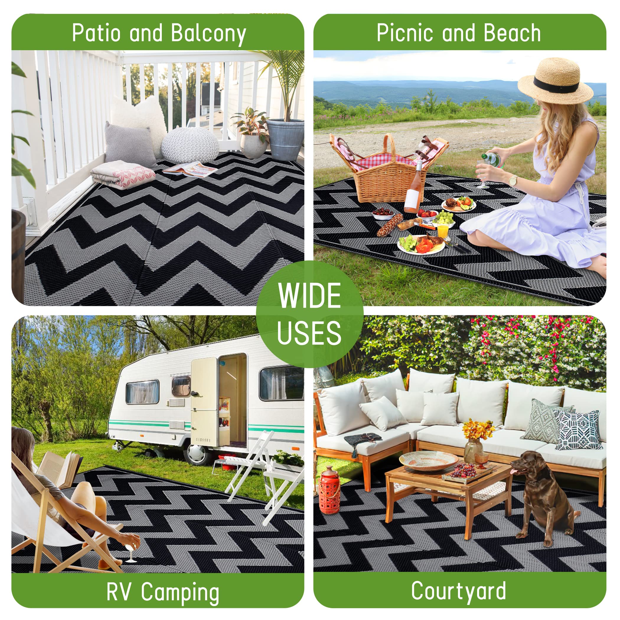 Easy-Going Reversible Outdoor Rugs 6X9Ft Waterproof Plastic Straw Rug Stain & Uv Resistant Floor Mat For Patio Porch Rv Backyard Pool Deck Picnic Beach Trailer Camping (Waved Black & Grey)