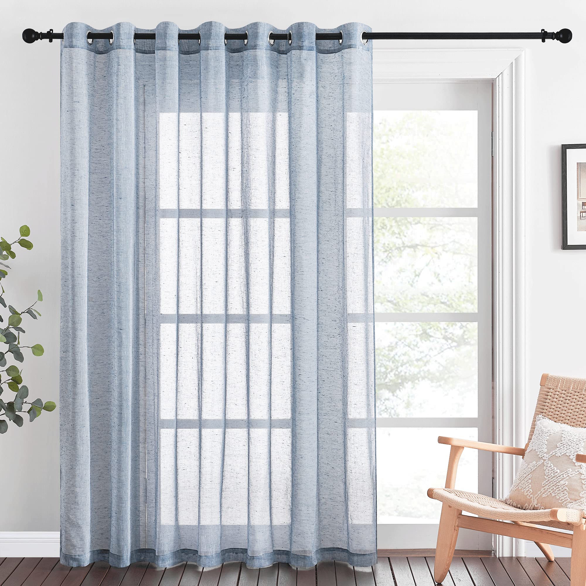 Nicetown Linen Sheer Sliding Door Curtain, Eyelet Top Semi Sheer Privacy Window Treatment Light Filtering Flax Sheer Drapes For