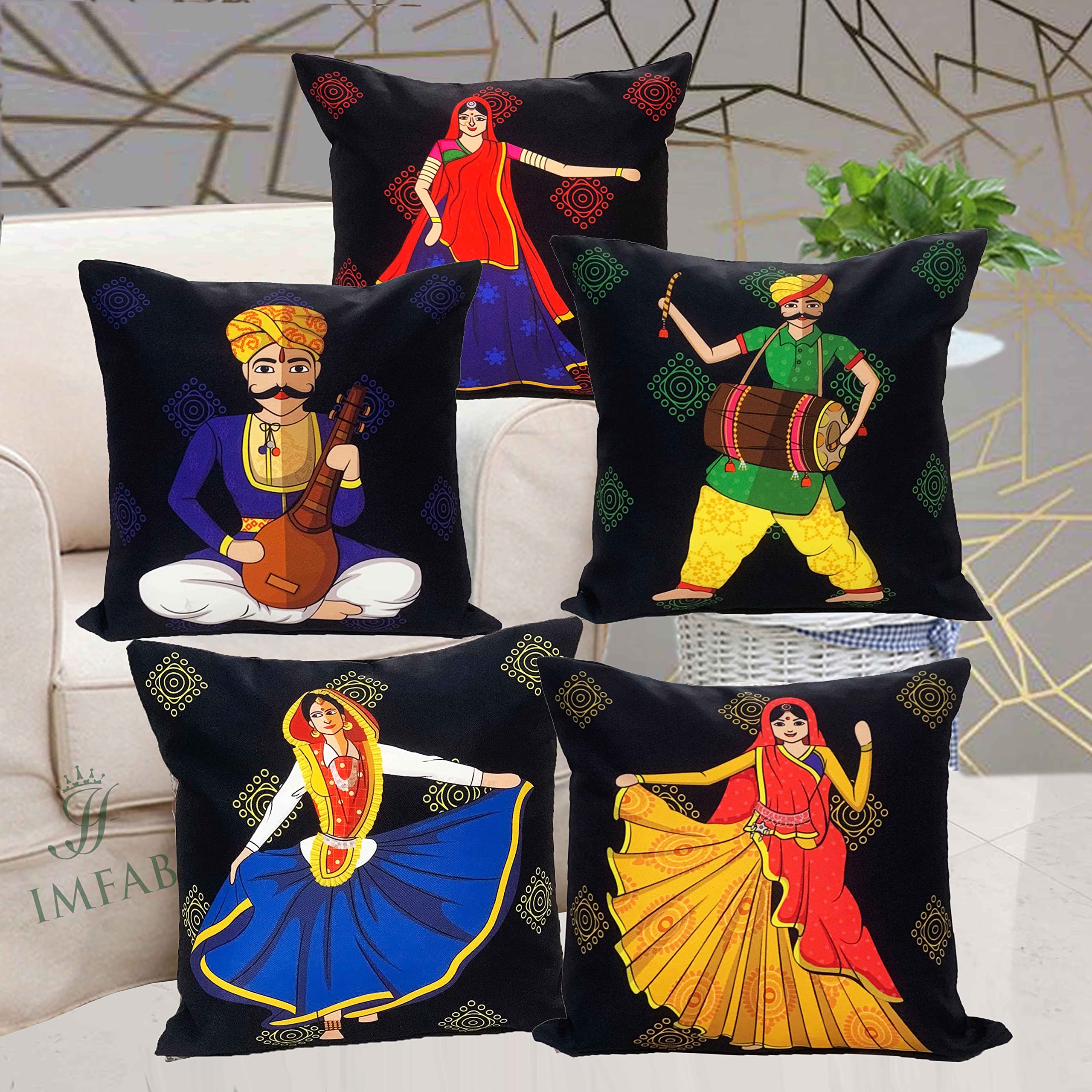 Imfab Black Printed Canvas Cotton Cushion Cover (18X18 Inches, Design 3)