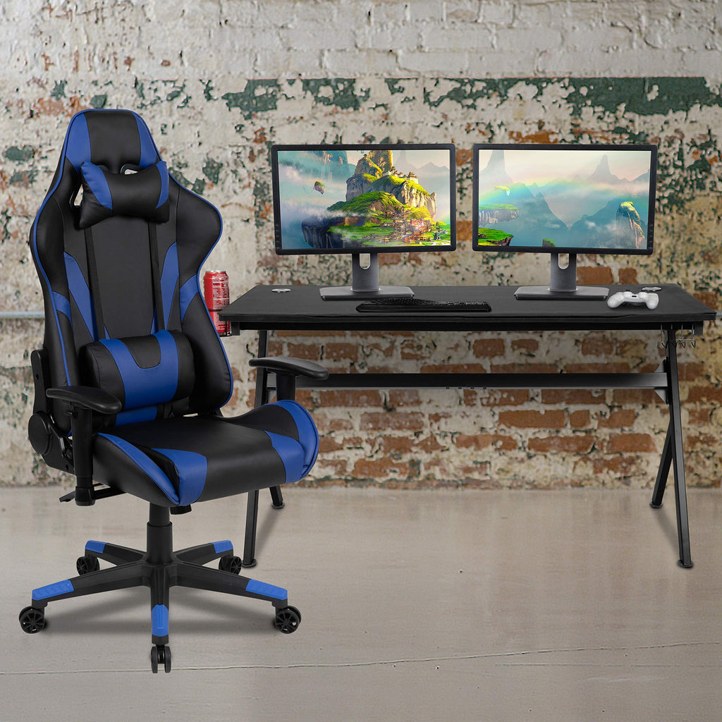 Flash Furniture Gaming Desk And Blue/Black Reclining Gaming Chair Set /Cup Holder/Headphone Hook/Removable Mouse Pad Top - Wire Management