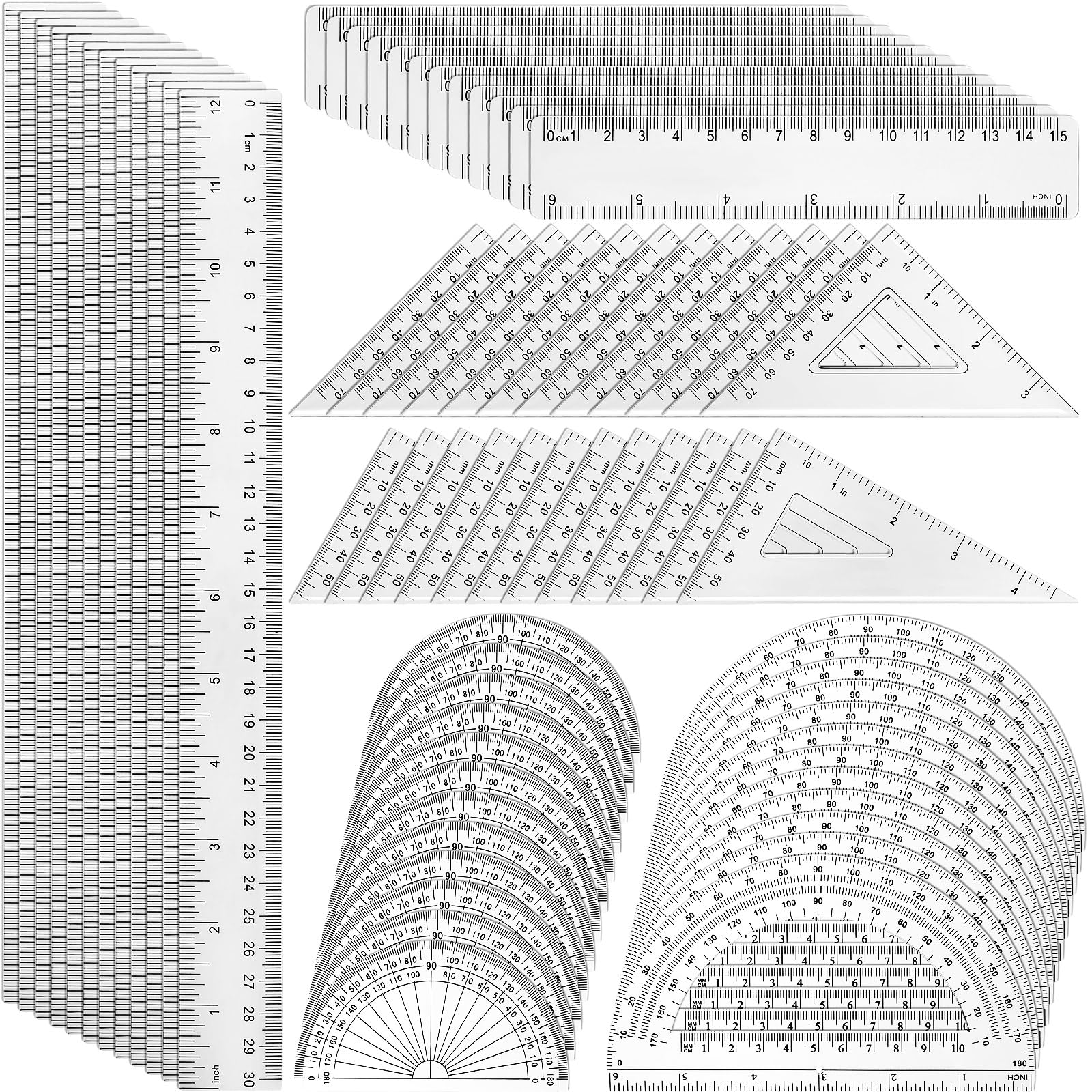 Tenare 72 Pcs Plastic Clear Math Set Includes Protractor Triangle Rulers 12 Inch 6 Inch Straight Geometry Math Transparent Ruler