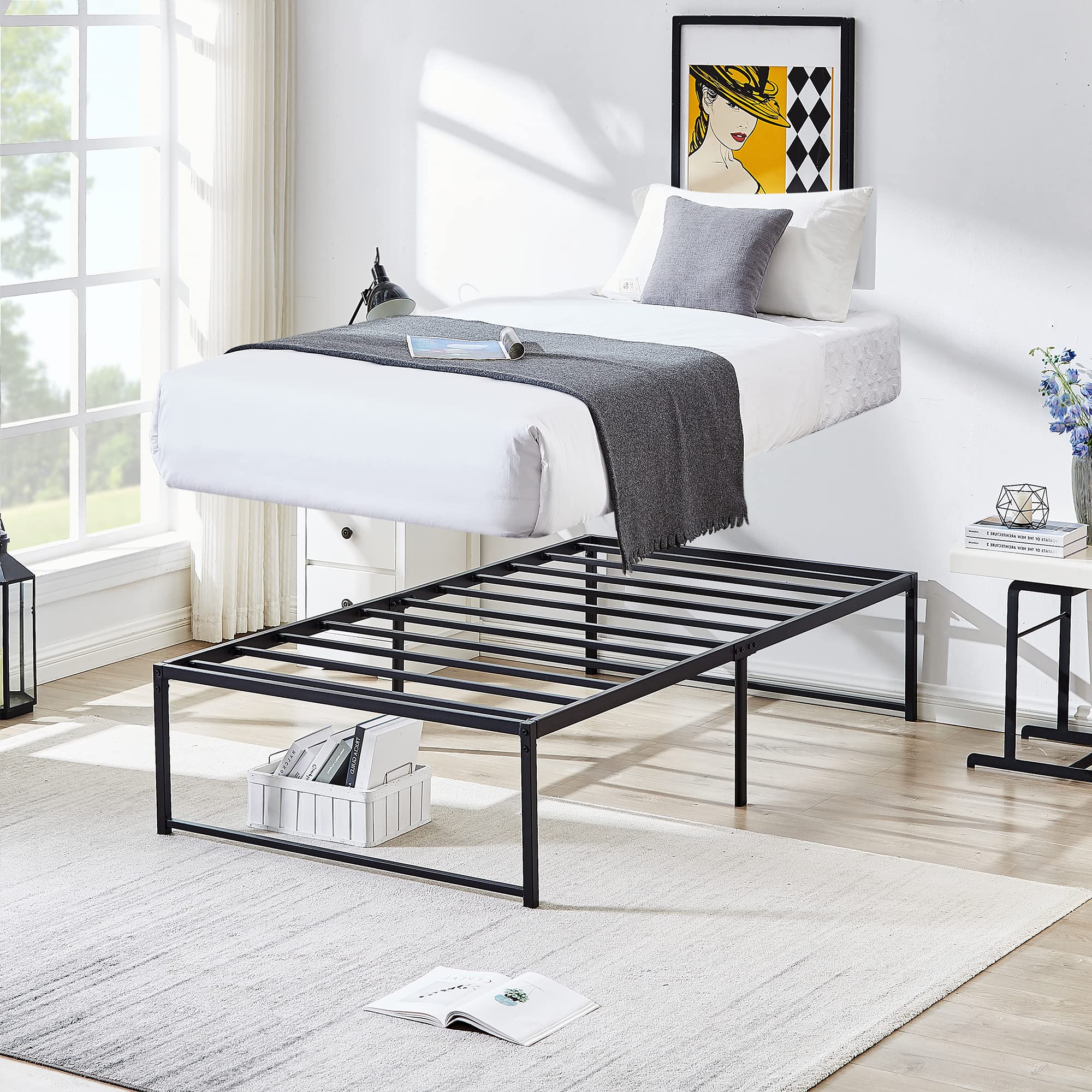 Vecelo 16' Metal Platform Tall Bed Frame,Mattress Foundation/No Box Spring Needed/Heavy Duty Steel Slat Support (Twin Size)