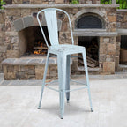 Commercial Grade 30 High Distressed Green-Blue Metal Indoor-Outdoor Barstool with Back