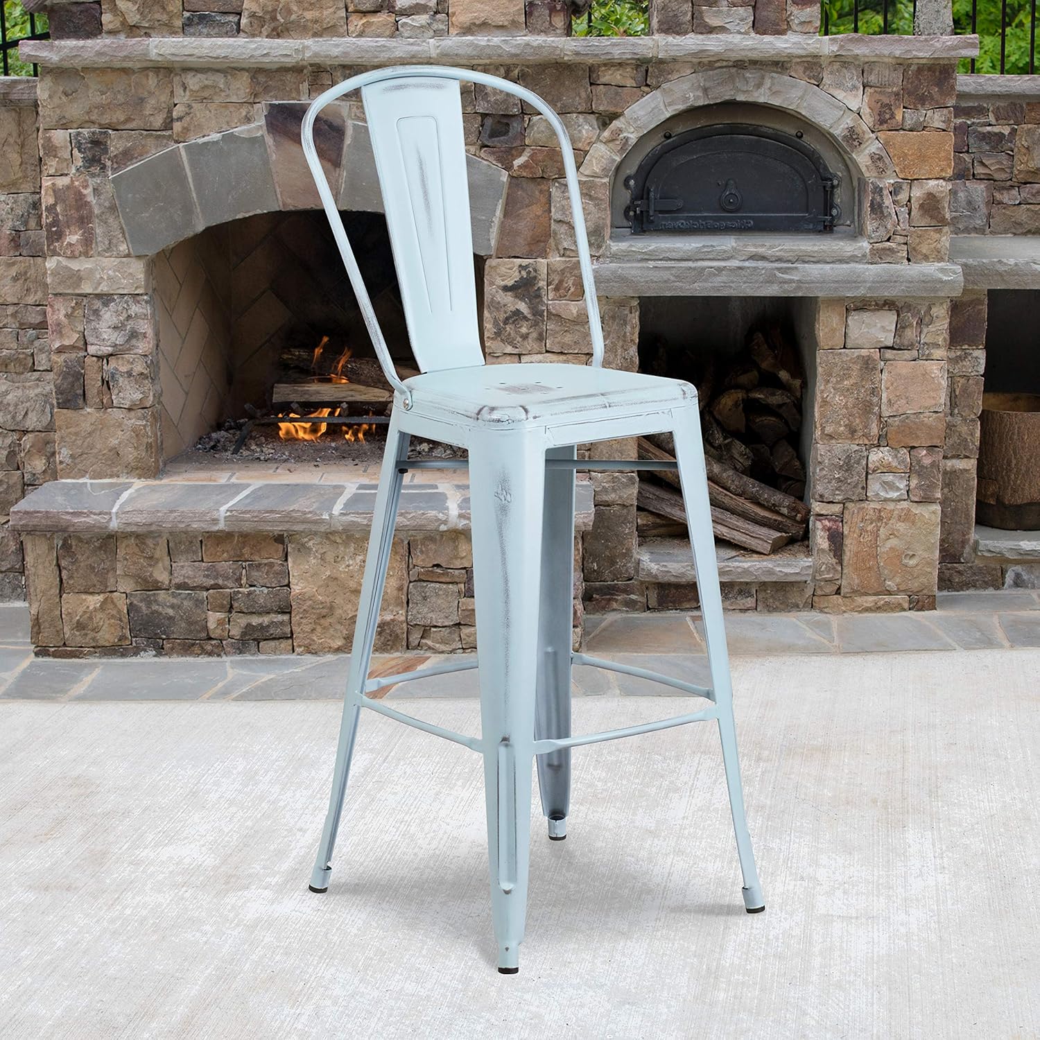Commercial Grade 30 High Distressed Green-Blue Metal Indoor-Outdoor Barstool with Back