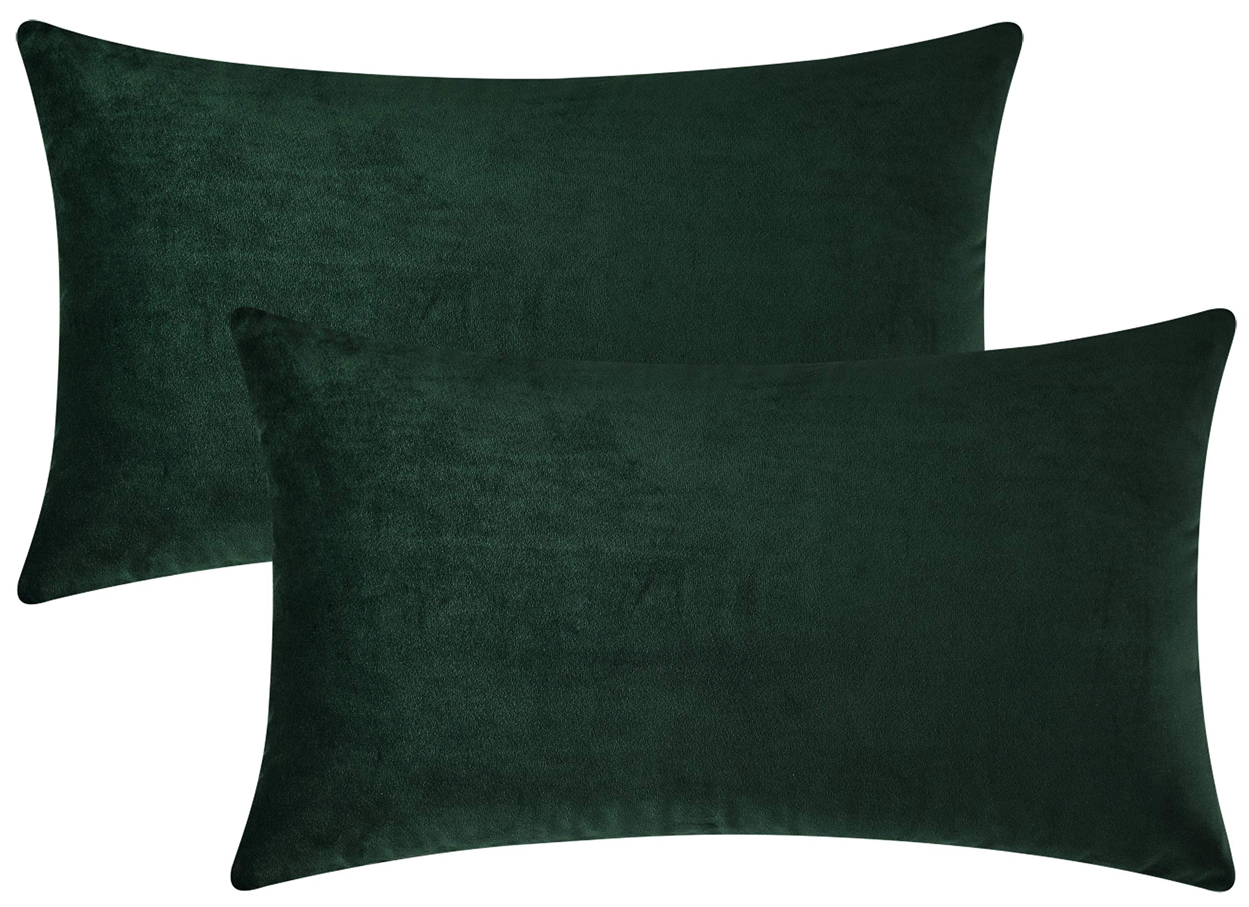 Mixhug Set Of 2 Cozy Velvet Rectangle Decorative Throw Pillow Covers For Couch And Bed, Dark Green, 12 X 20 Inches