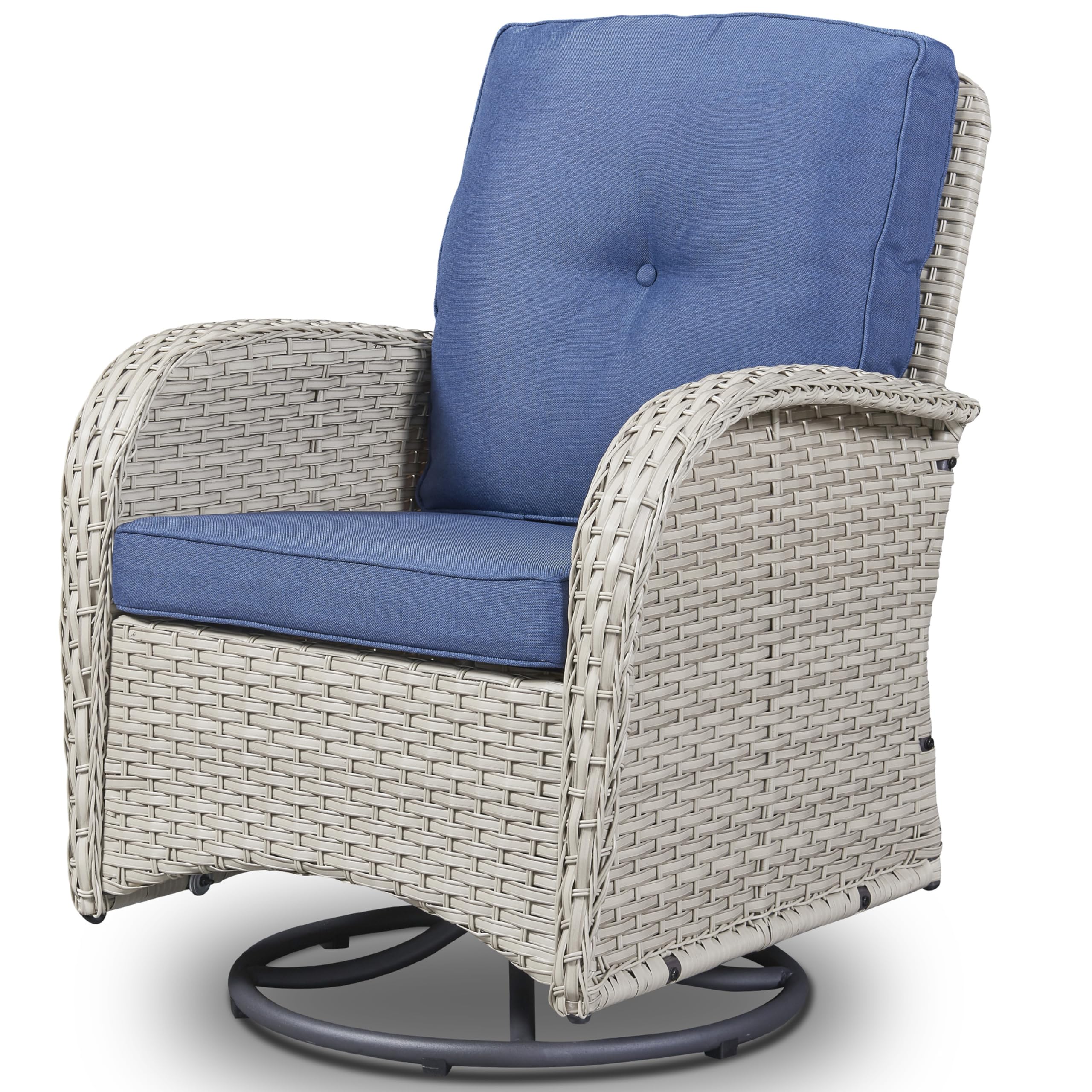 Patio Furniture Swivel Glider Pe Wicker Chair, Outdoor Swivel Rocker Seating With Cushions For Porch Deck Balcony, Light Beige/Blue