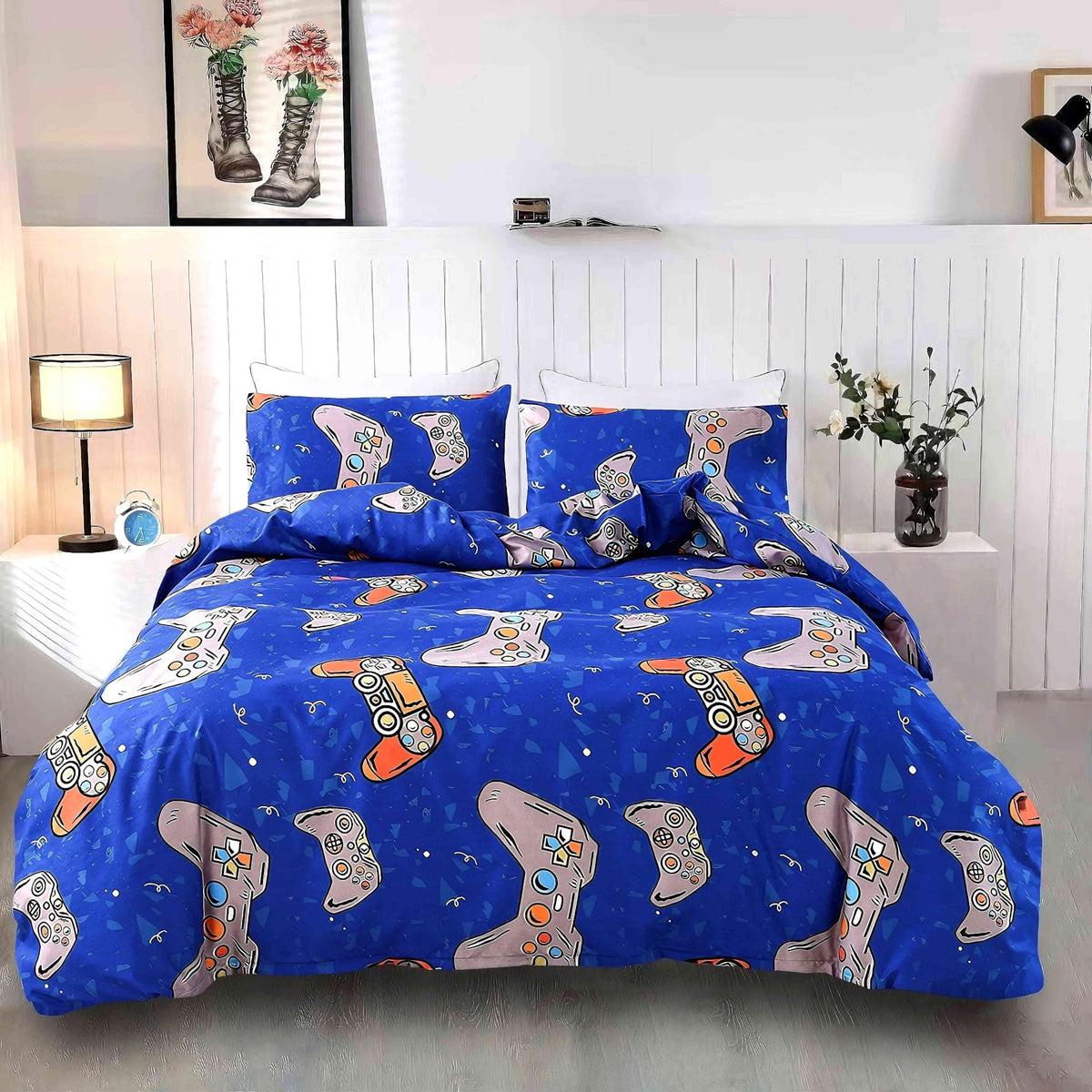 Sdiii 3Pcs Blue Gamer Duvet Cover Twin Set, 1 Duvet Cover And 2 Pillowcase, Gaming Duvet Cover For Kids Boys Girls And Teens, Zi
