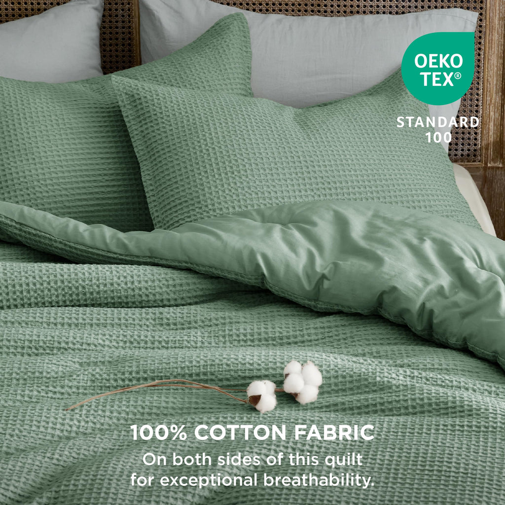 Bedsure Waffle Comforter Set King, Green Soft Cotton Bedding Set For All Seasons, Waffle Weave Bed Set, 3 Pieces, 1 Comforter (104'X90') And 2 Pillow Shams, Premium Cotton Cover With Polyester Fill