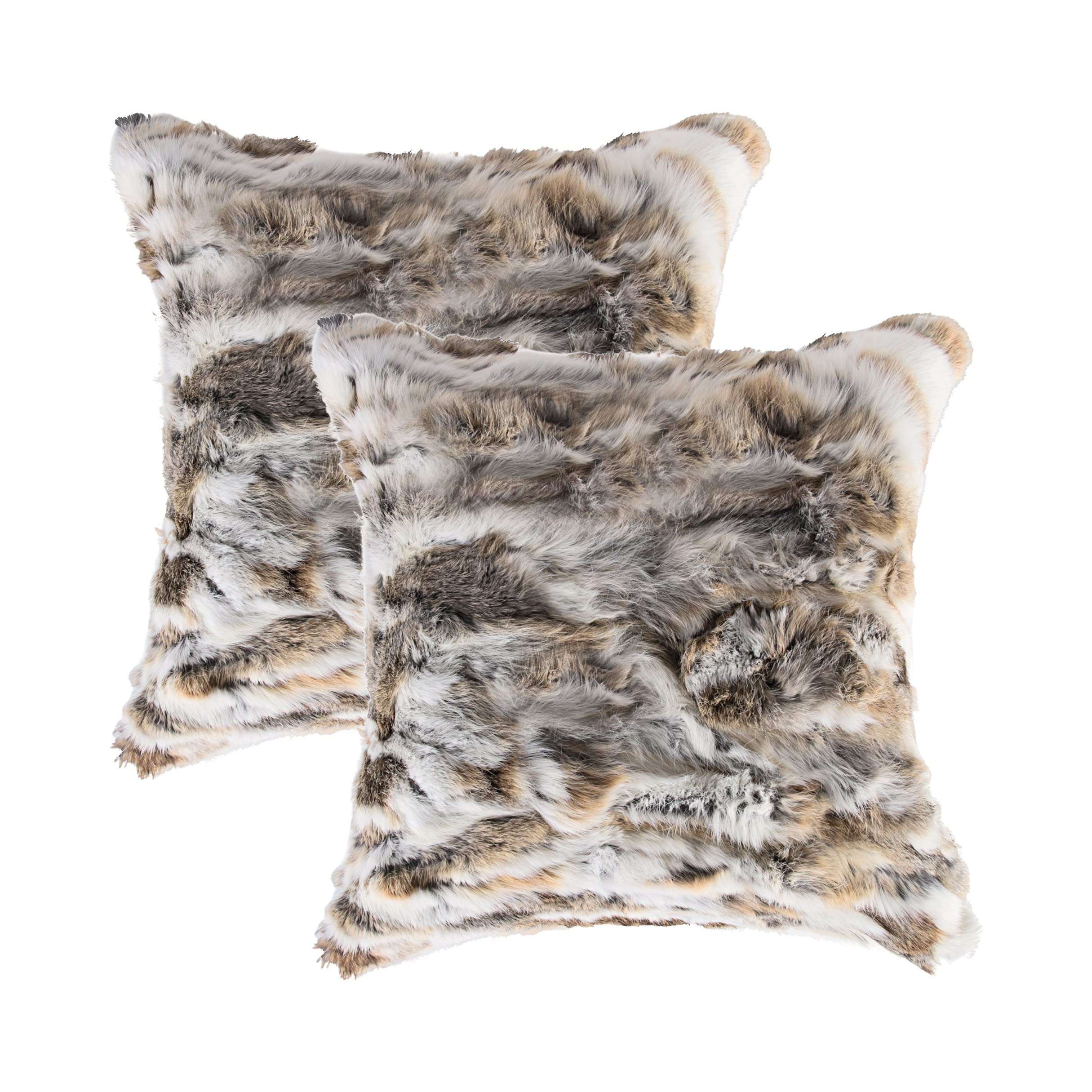 HomeRoots 100% Natural Rabbit Fur and Microsuede Set of Two 18' X 18' Tan and White Rabbit Natural Fur Animal Print Throw Pillows