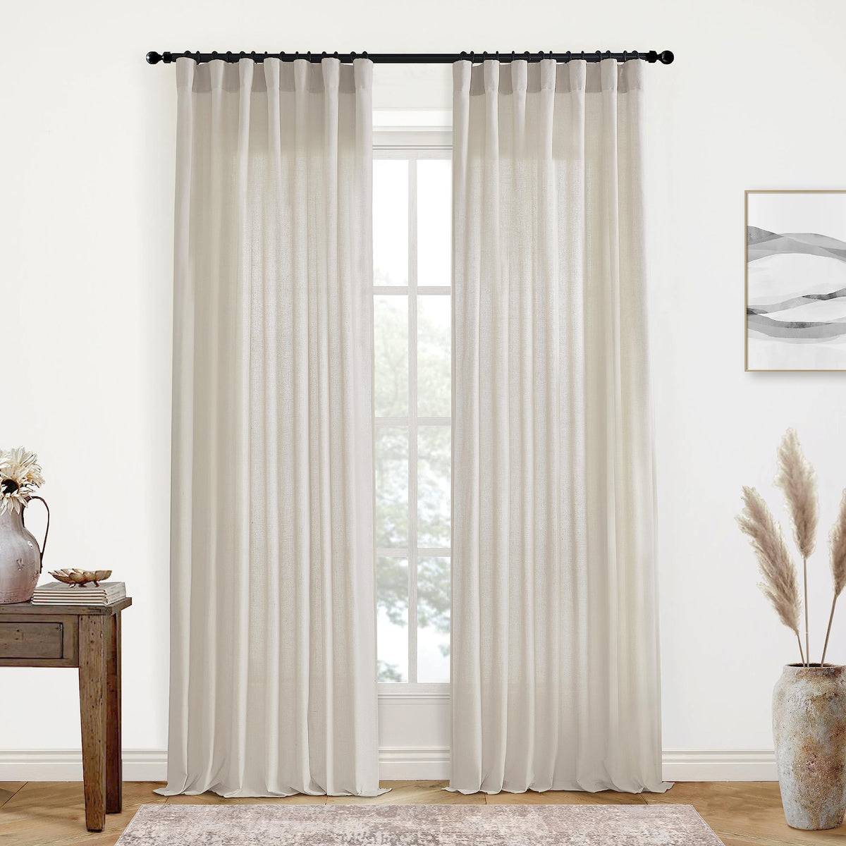 Xtmyi Oatmeal Beige Back Tab/Hook Belt Linen Cotton Sheer Curtains 120 Inches Long For Living Room Bedroom 2 Panels Set