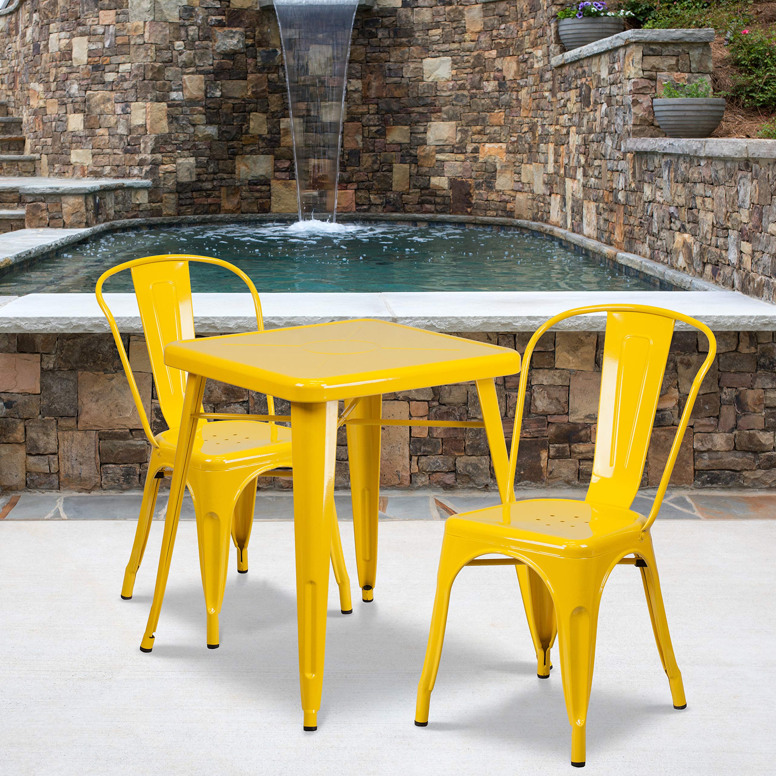 Flash Furniture Commercial Grade 23.75&quot; Square Yellow Metal Indoor-Outdoor Table Set With 2 Stack Chairs