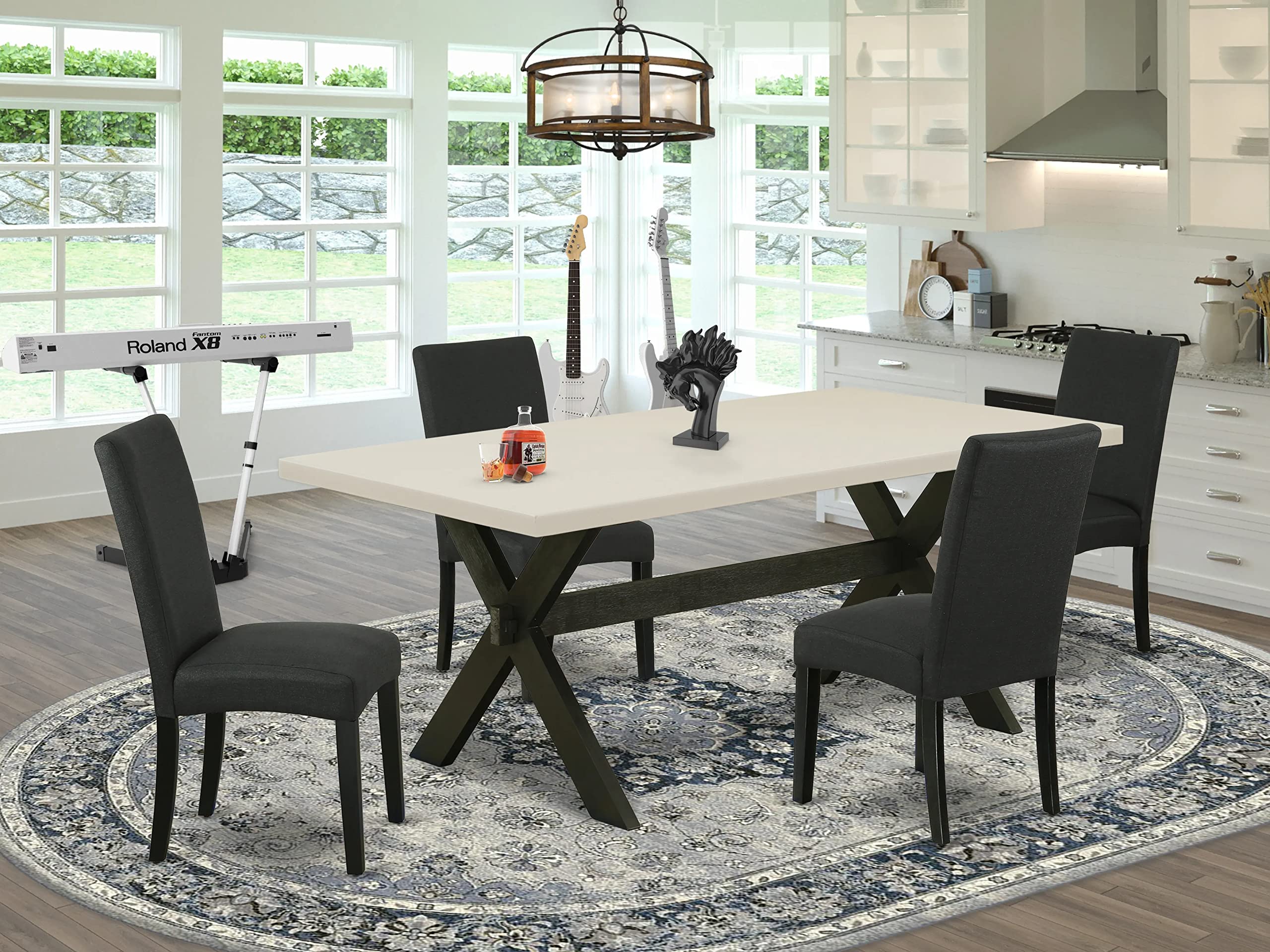 East West Furniture X-Style 5 Piece Set Includes A Rectangle Dining Room Table With X-Legs And 4 Black Color Linen Fabric Upholstered Parson Chairs, 40X72 Inch, X627Dr124-5