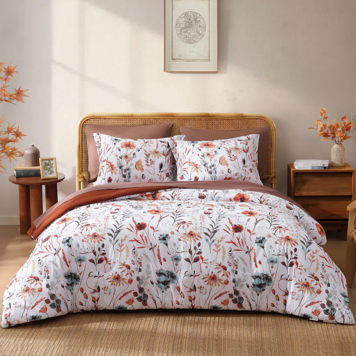 Casaagusto King Comforter Set, 7 Pcs White Floral Comforter Set With Terracotta Flowers Leaves Pattern, Soft Seersucker Design A