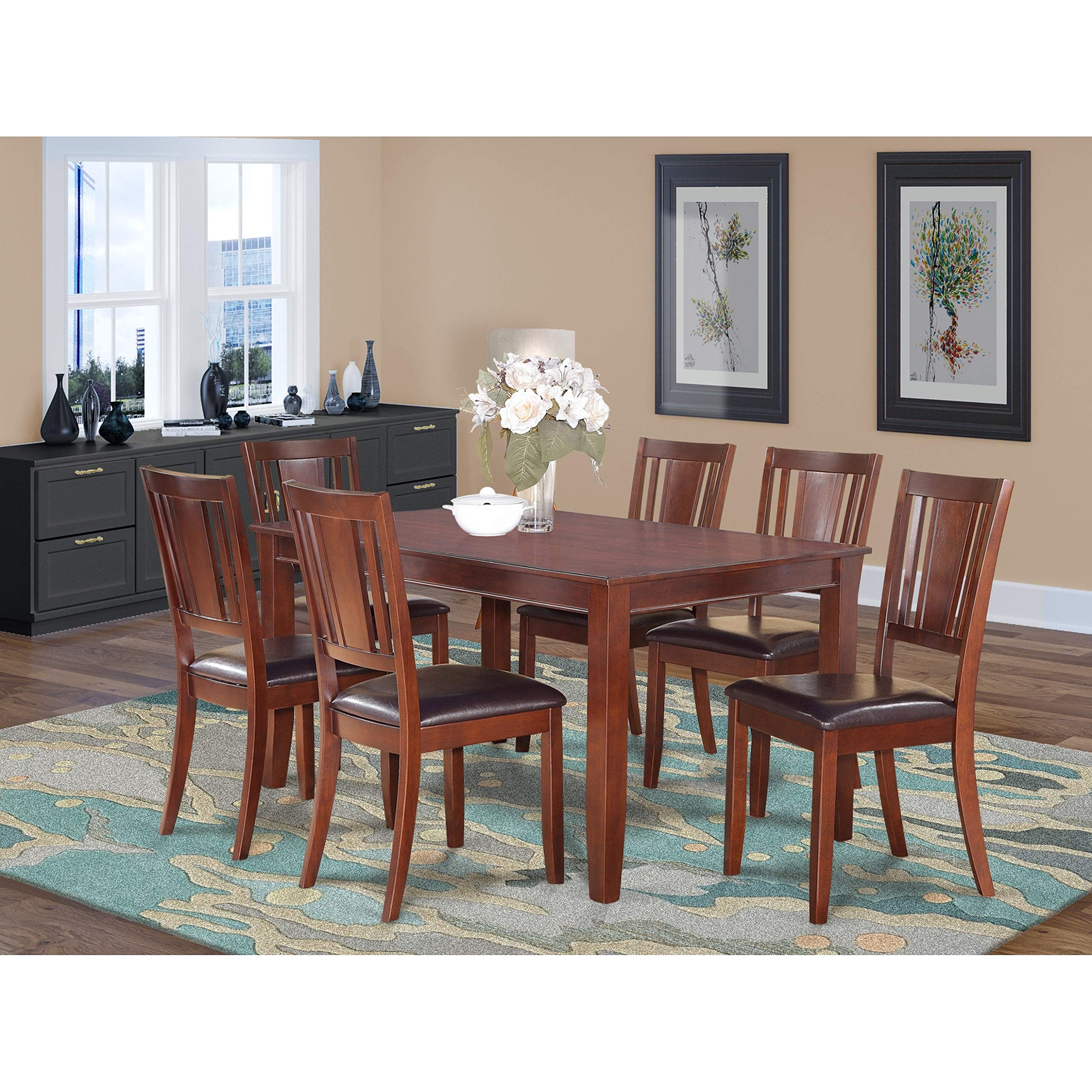 East West Furniture DULE7-MAH-LC 7 Piece Kitchen Table & Chairs Set Consist of a Rectangle Dining Room Table and 6 Faux Leather Upholstered Dining Chairs, 36x60 Inch, Mahogany