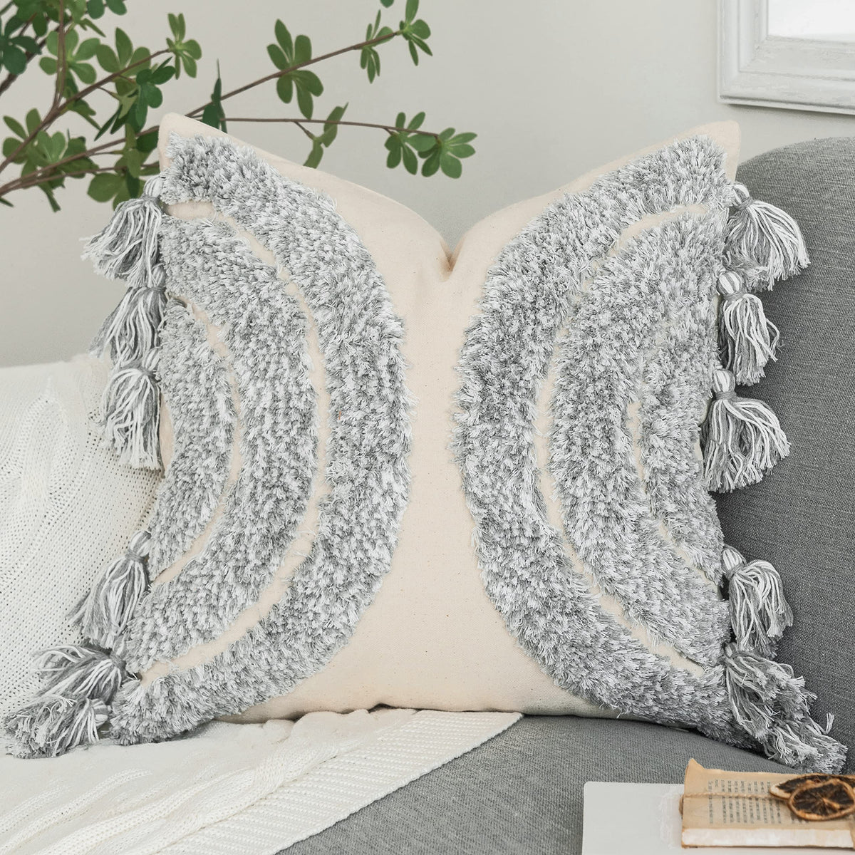 Foindtower Gorgeous Half Moon Accent Boho Tufted Decorative Throw Pillow Cover, Stylish & Cozy Rainbow Design Cotton Canvas Cush