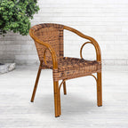 Flash Furniture Cadiz Series Dark Red Bamboo-Aluminum Indoor-Outdoor Restaurant-Patio Chair With Burning Brown Rattan