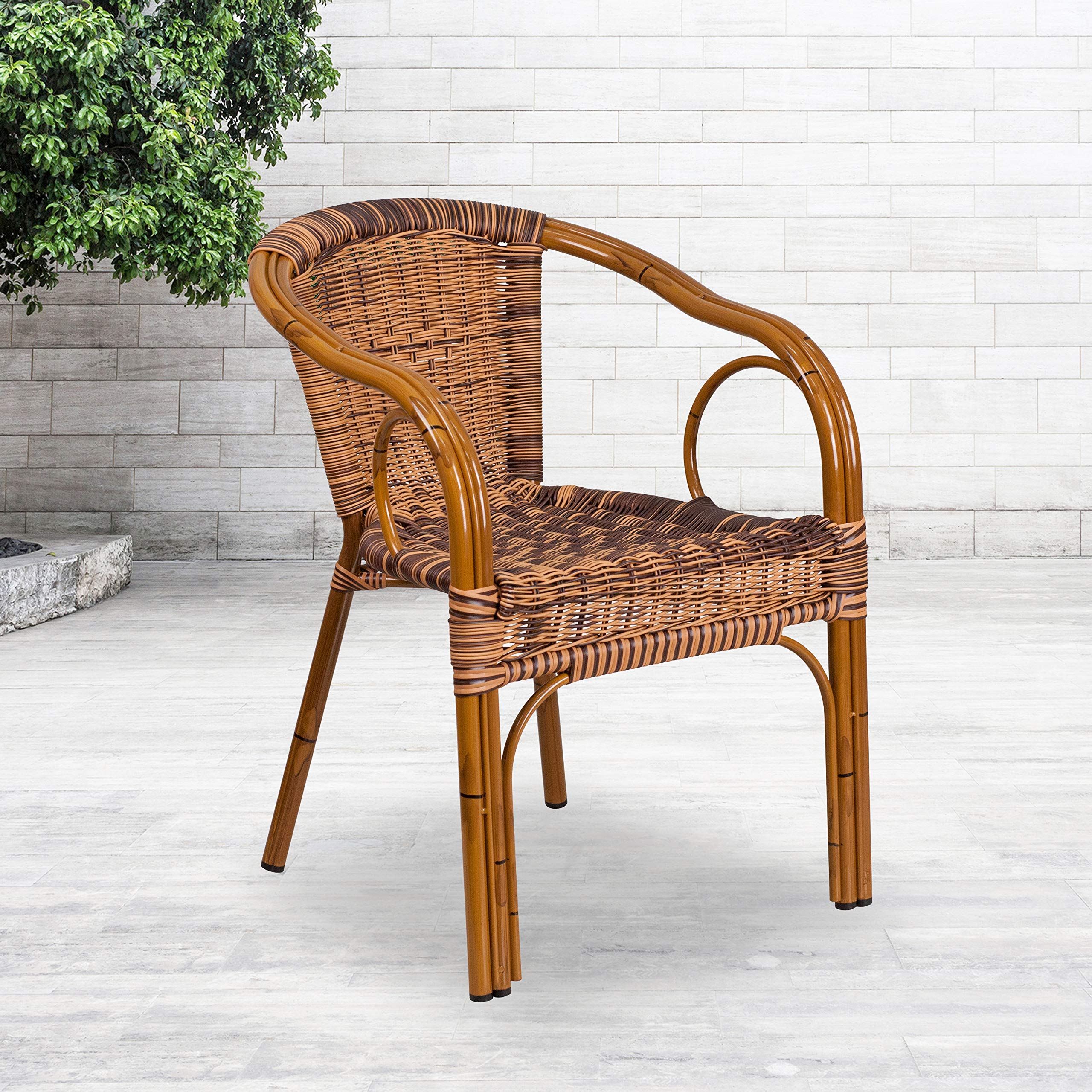 Flash Furniture Cadiz Series Dark Red Bamboo-Aluminum Indoor-Outdoor Restaurant-Patio Chair With Burning Brown Rattan