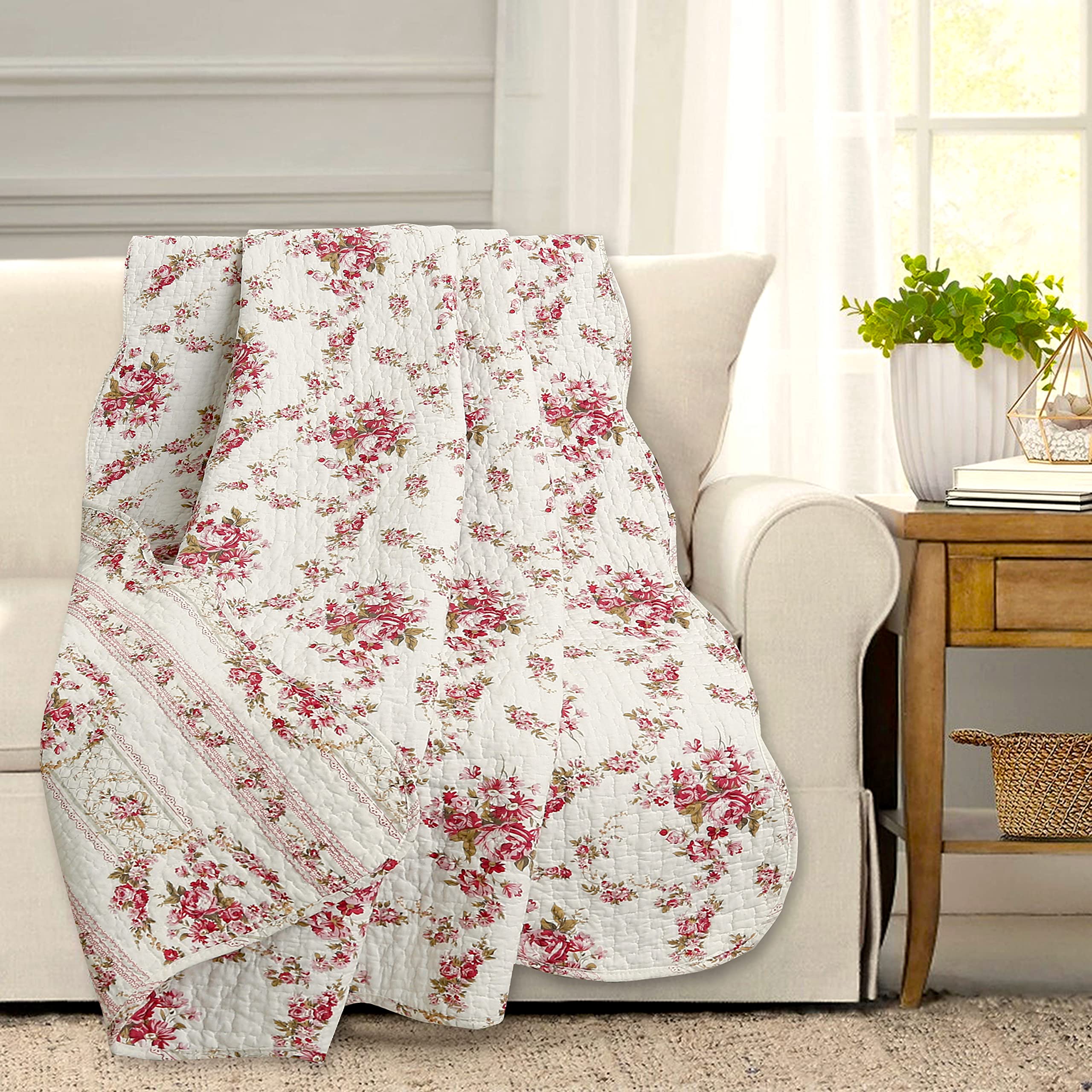 Ozy Line Home Fashions Floral Reversible 100% Cotton Bedding Quilted Throw Blanket, Reversible & Lightweight, 60' X 50' Inch (