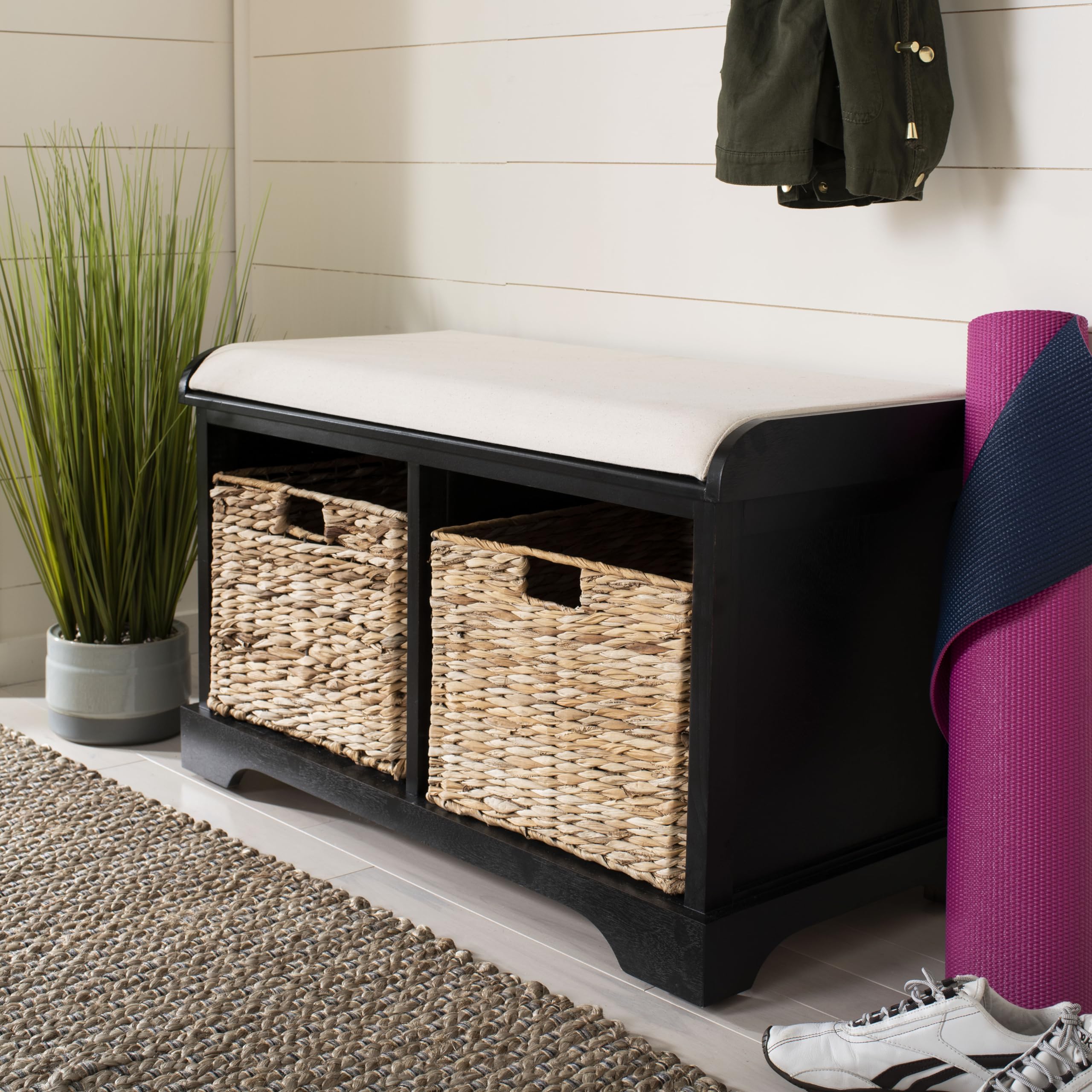 Safavieh Home Collection Freddy Black/ Wicker Basket 2-Drawer Storage Bench With Cushion (Fully Assembled)
