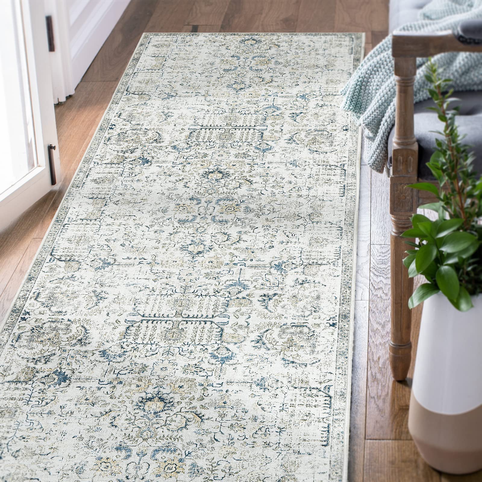 jinchan Runner Rug 2x6 Washable Rug Area Rug Vintage Hallway Indoor Floor Cover Thin Rug Retro Distressed Carpet Blue Multi Flor