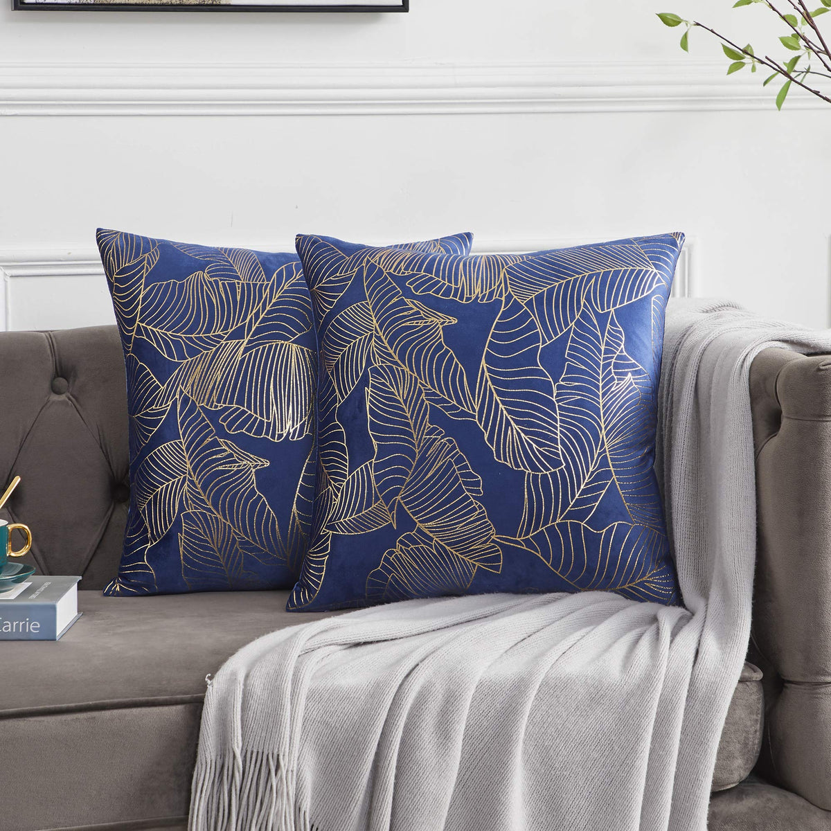 Gigizaza Navy Velvet Throw Pillow Covers, 20X20 Decorative Gold Leaves Couch Pillow Covers,Fall Cushion Covers For Sofa, Pack Of