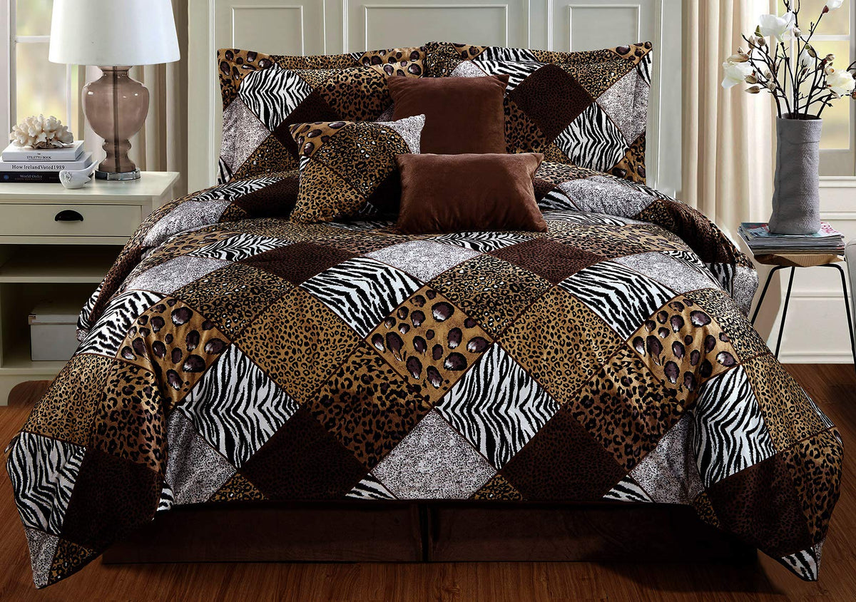 Grandlinen 7 Piece King Size Brown Black White Animal Print Safari Comforter Set. Leopard, Zebra, Cheetah Velvet Bedding With Ac