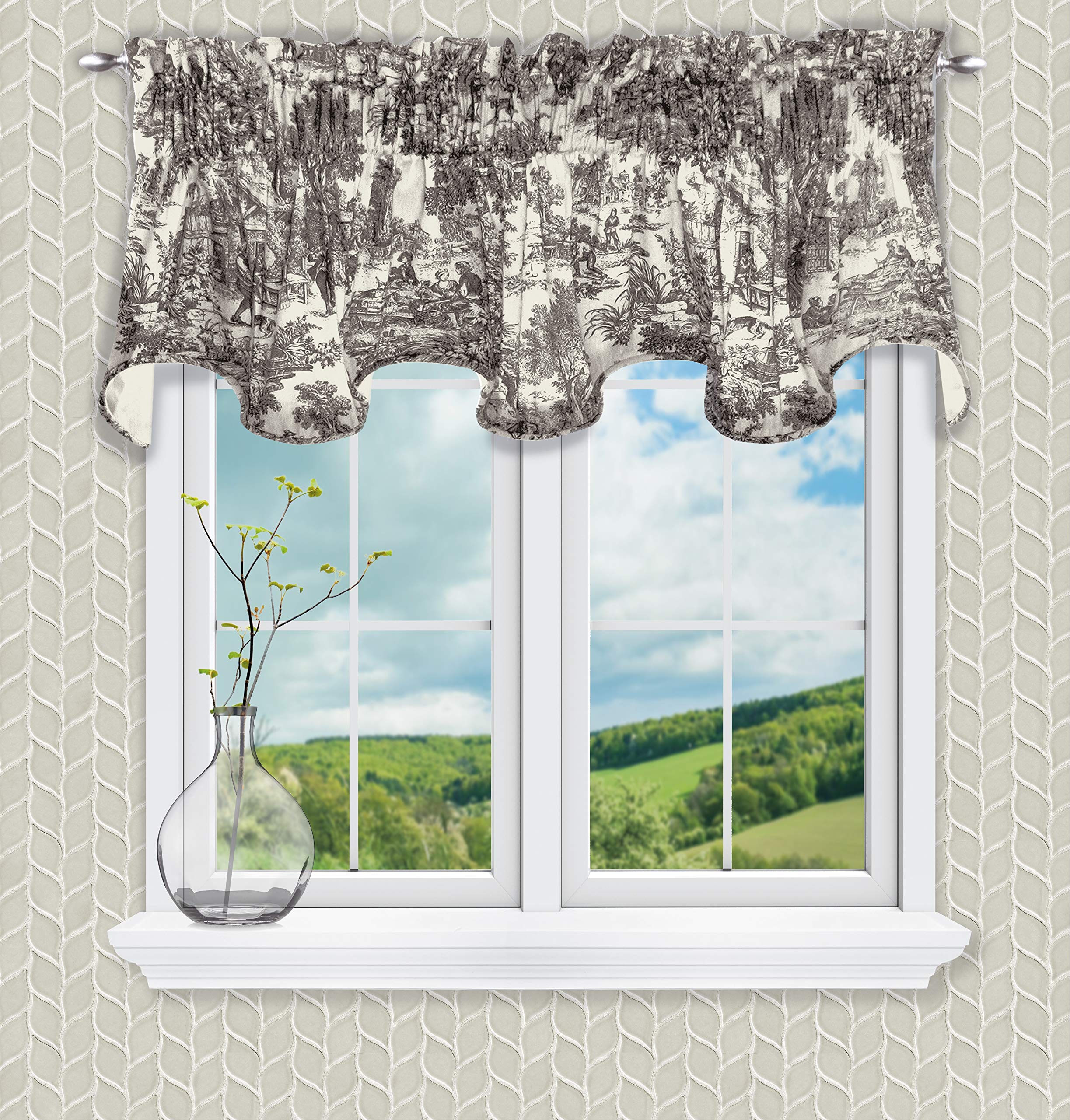 Ellis Curtain Victoria Park Toile 70 x 15 Lined Scallop Valance, Black