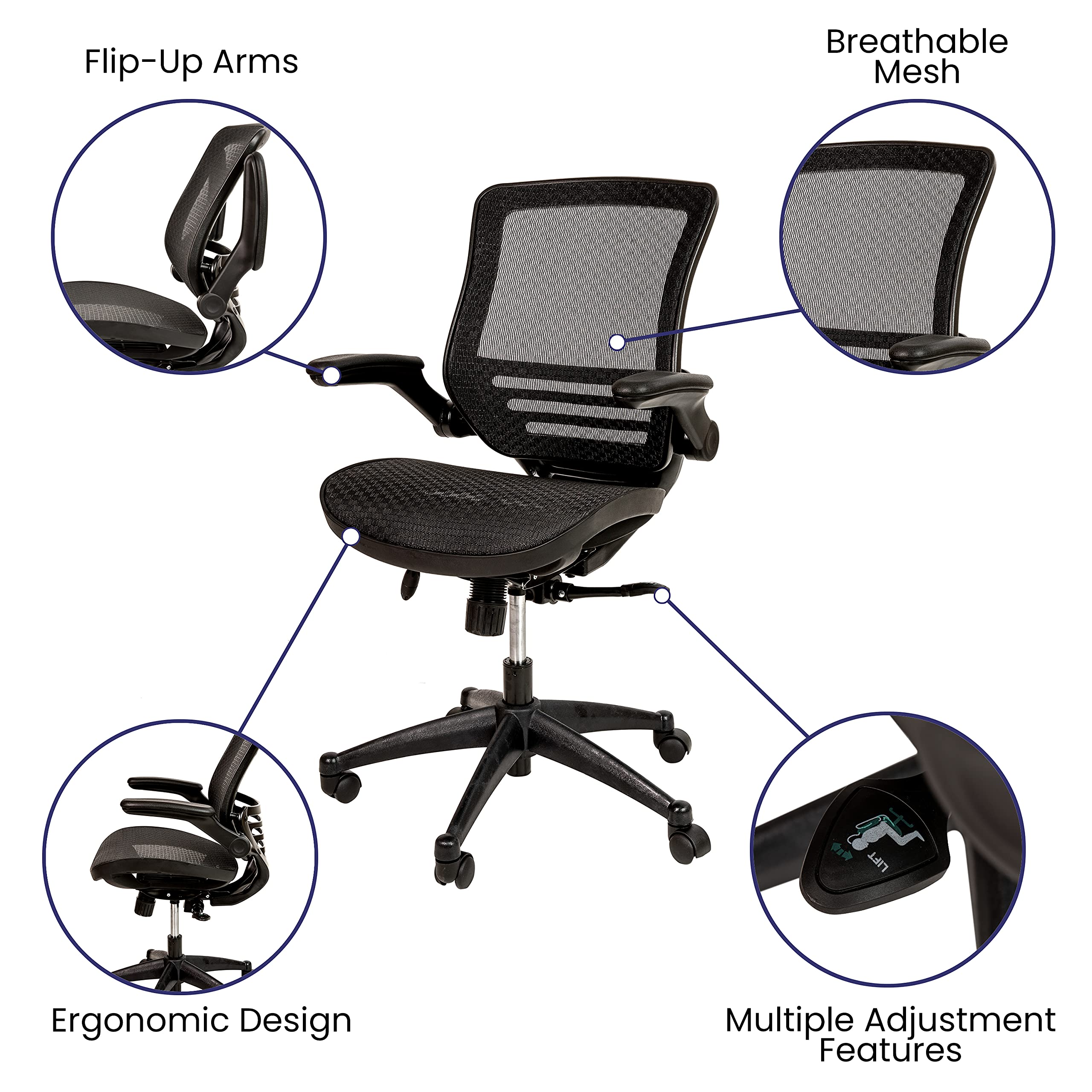 Flash Furniture Warfield Mid-Back Transparent Black Mesh Executive Swivel Office Chair with Black Frame and Flip-Up Arms