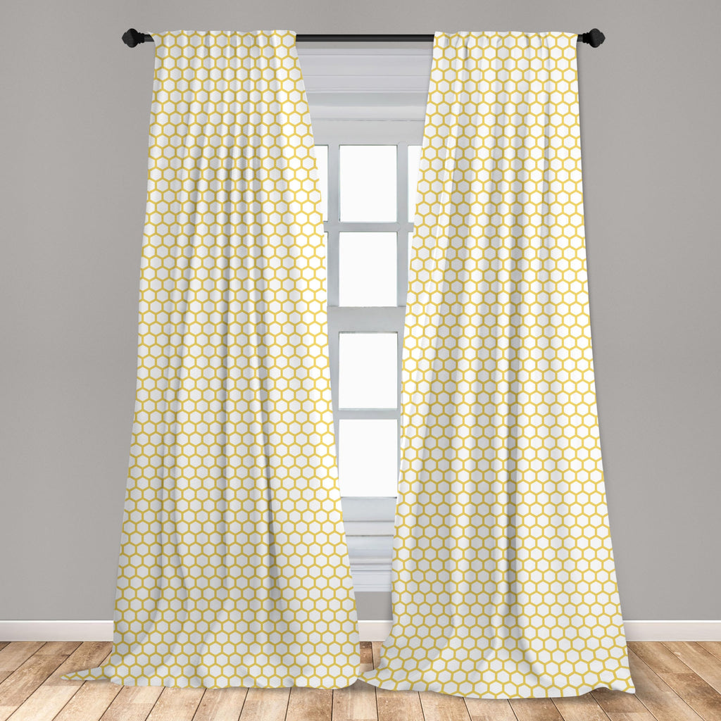 Ambesonne Yellow And White Window Curtains Pack Of 2, Hexagonal Pattern Honeycomb Beehive Simplistic Geometrical Monochrome, Lig