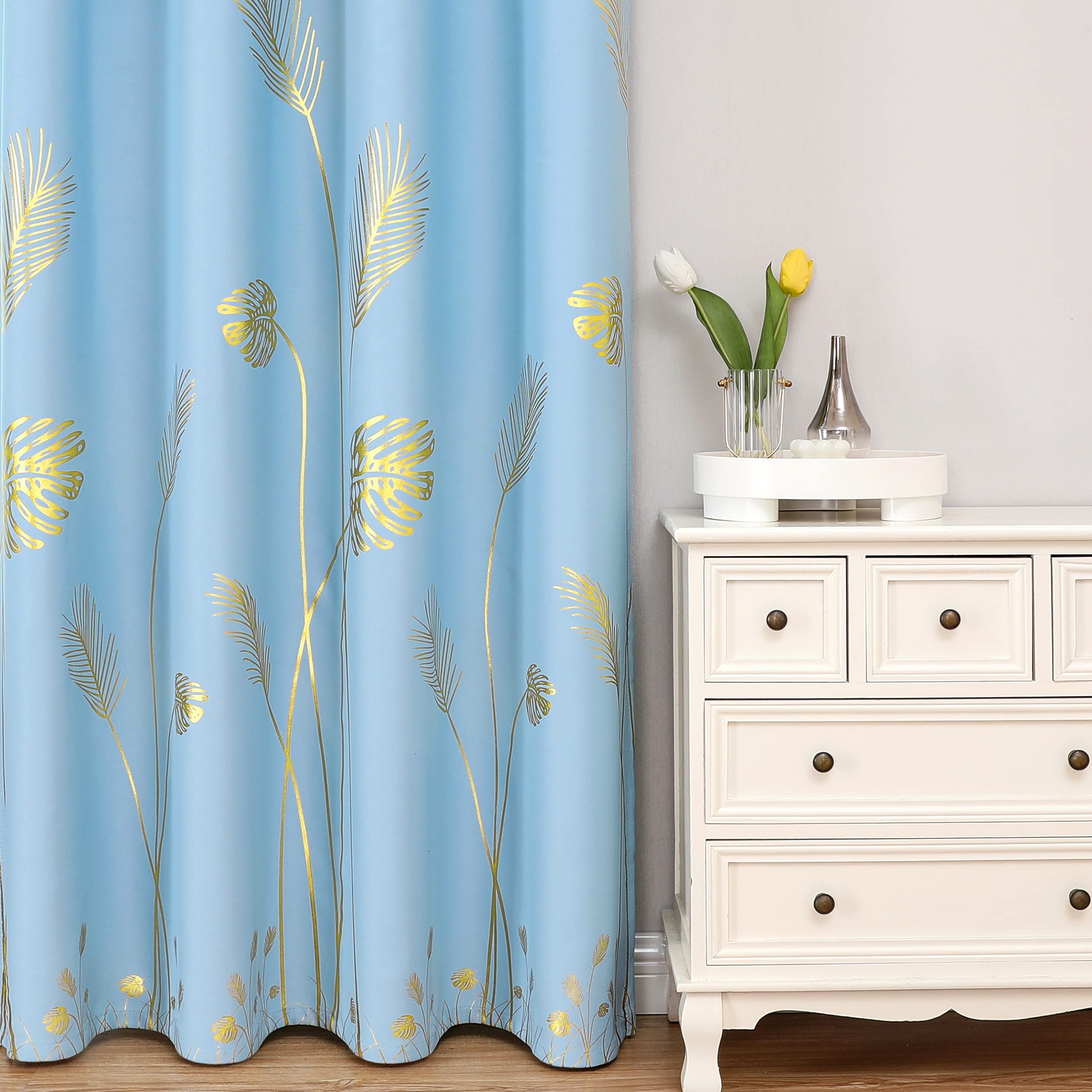 Estelar Textiler Sky Blue Blackout Curtains For Bedroom, Room Darkening Gold Palm Tree Pattern Curtains 96 Inches Long, Light Bl