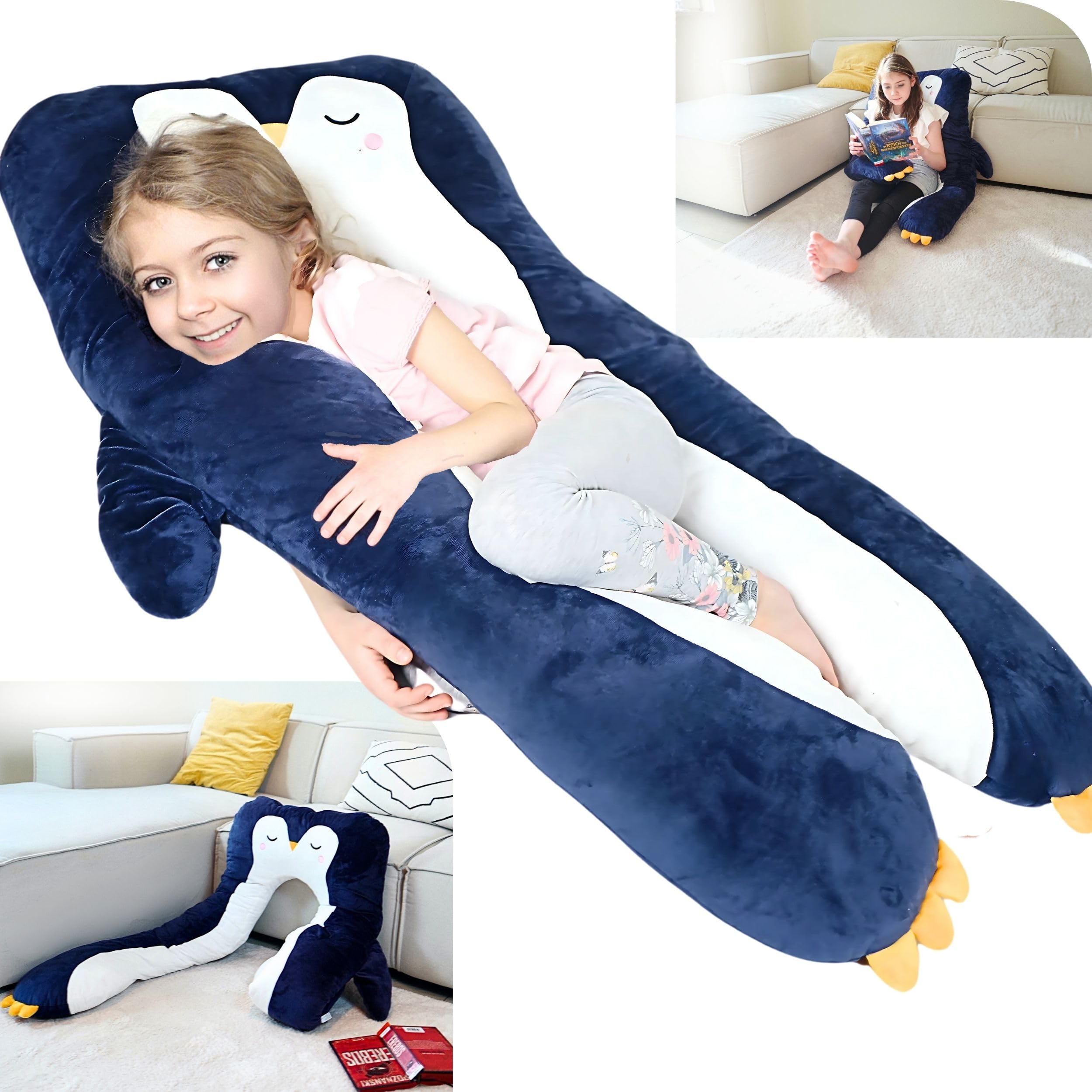 LUNAMIRA Penguin U-Shape Body Pillow 47" Plush Blue for Kids Sleeping Reading ADHD Comfort Washable Cover