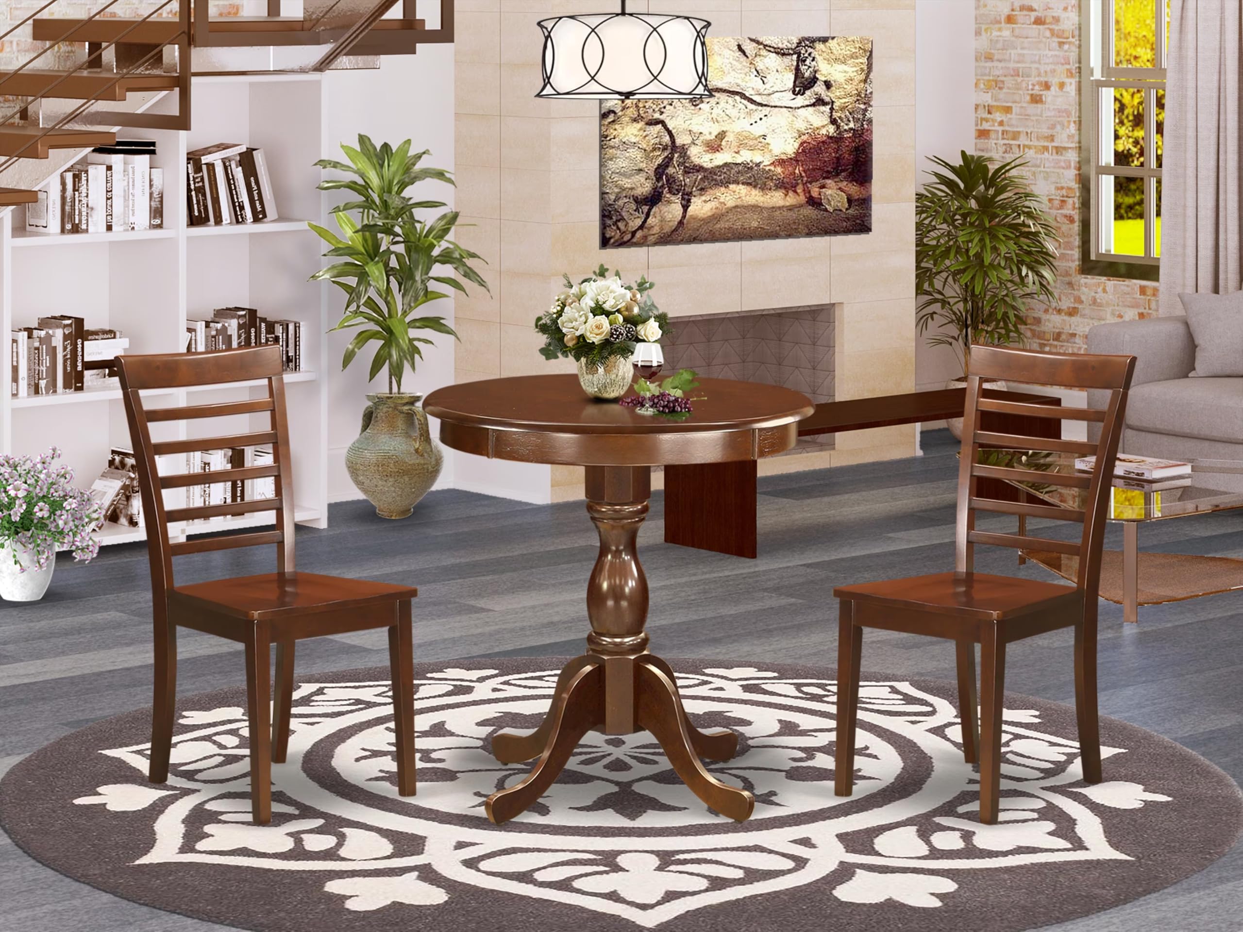 East West Furniture Esml3-Mah-W 3 Piece Dining Room Furniture Set Contains A Round Dining Table With Pedestal And 2 Wood Seat Chairs, 30X30 Inch, Mahogany