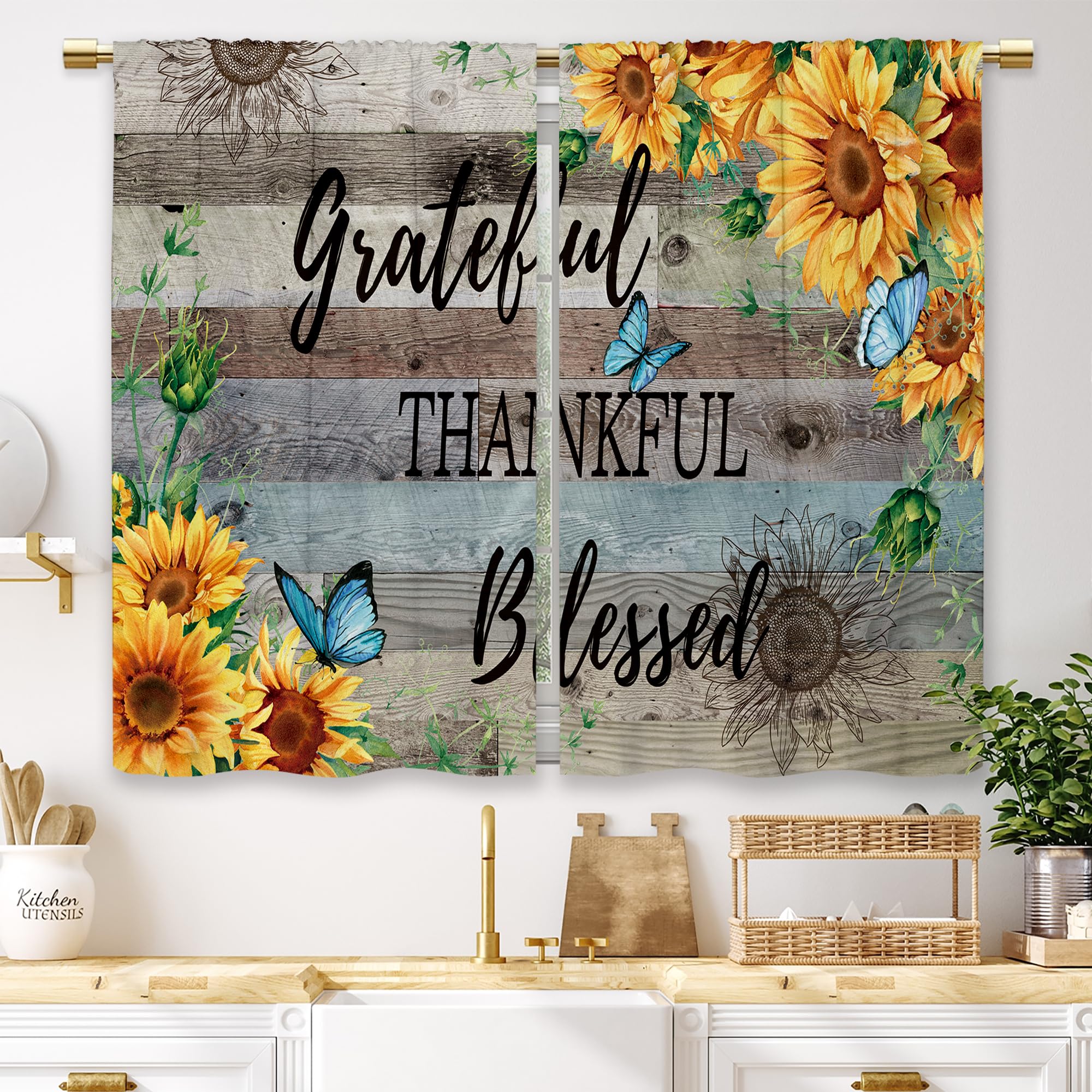Laifzere Farmhouse Sunflower Kitchen Curtains Rustic Teal Wooden Small Short Cafe Window Curtains Quote Country Flower Rod Pocke