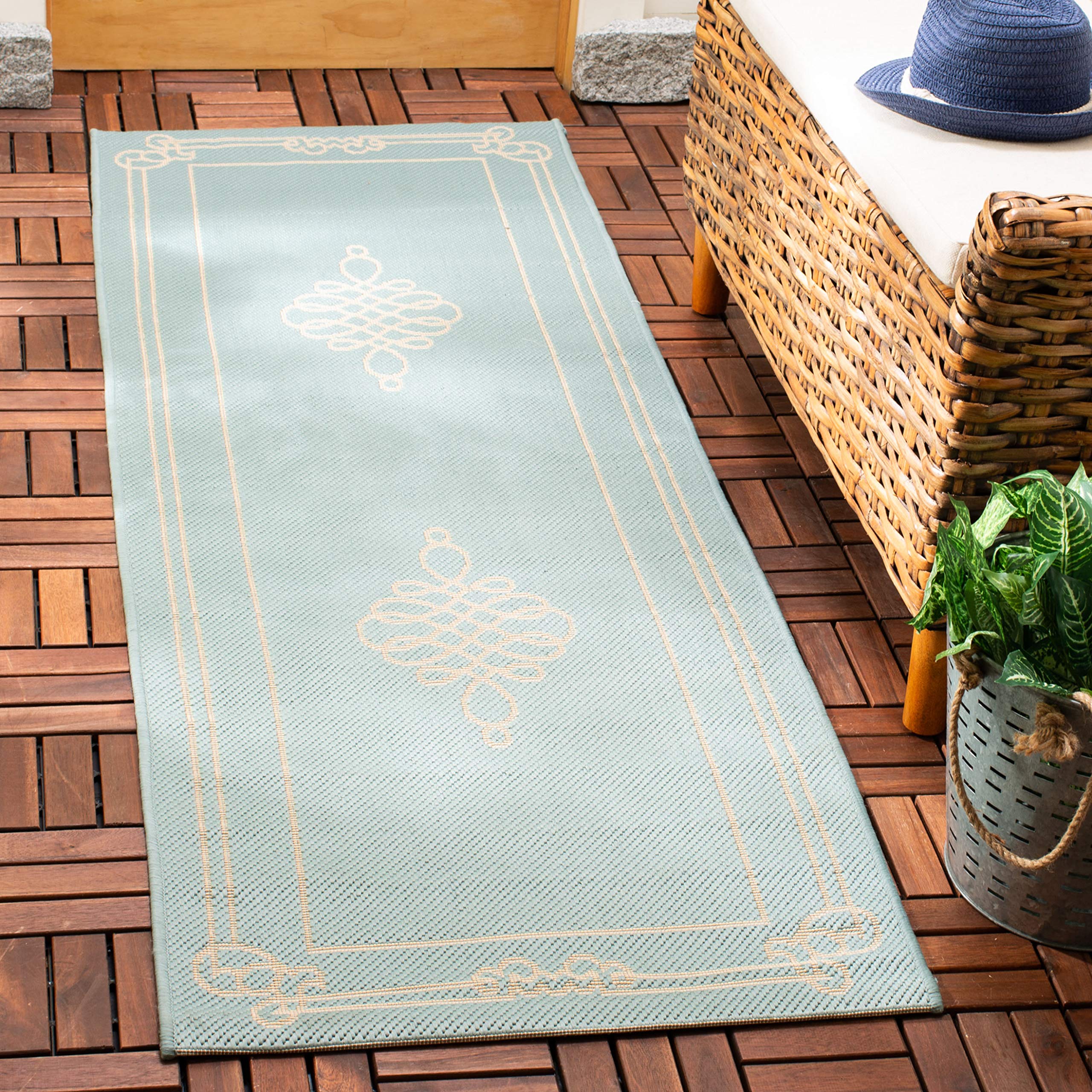 Safavieh Courtyard Collection 2'7' X 8'2' Aqua / Cream Cy6788 Indoor/ Outdoor Waterproof Easy Cleaning Patio Backyard Mudroom