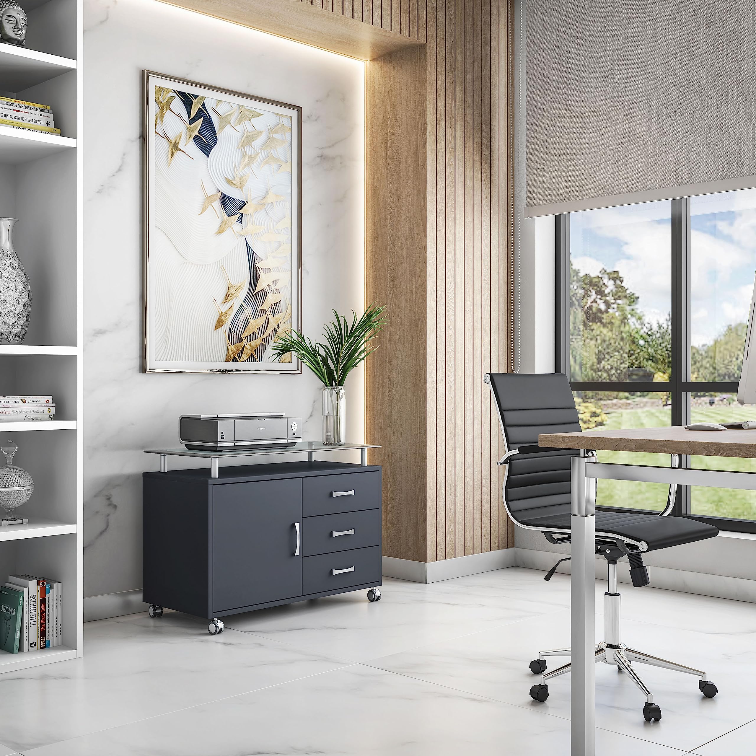 TECHNI MOBILI Rolling Storage Cabinet With Frosted Glass Top. Color: Graphite