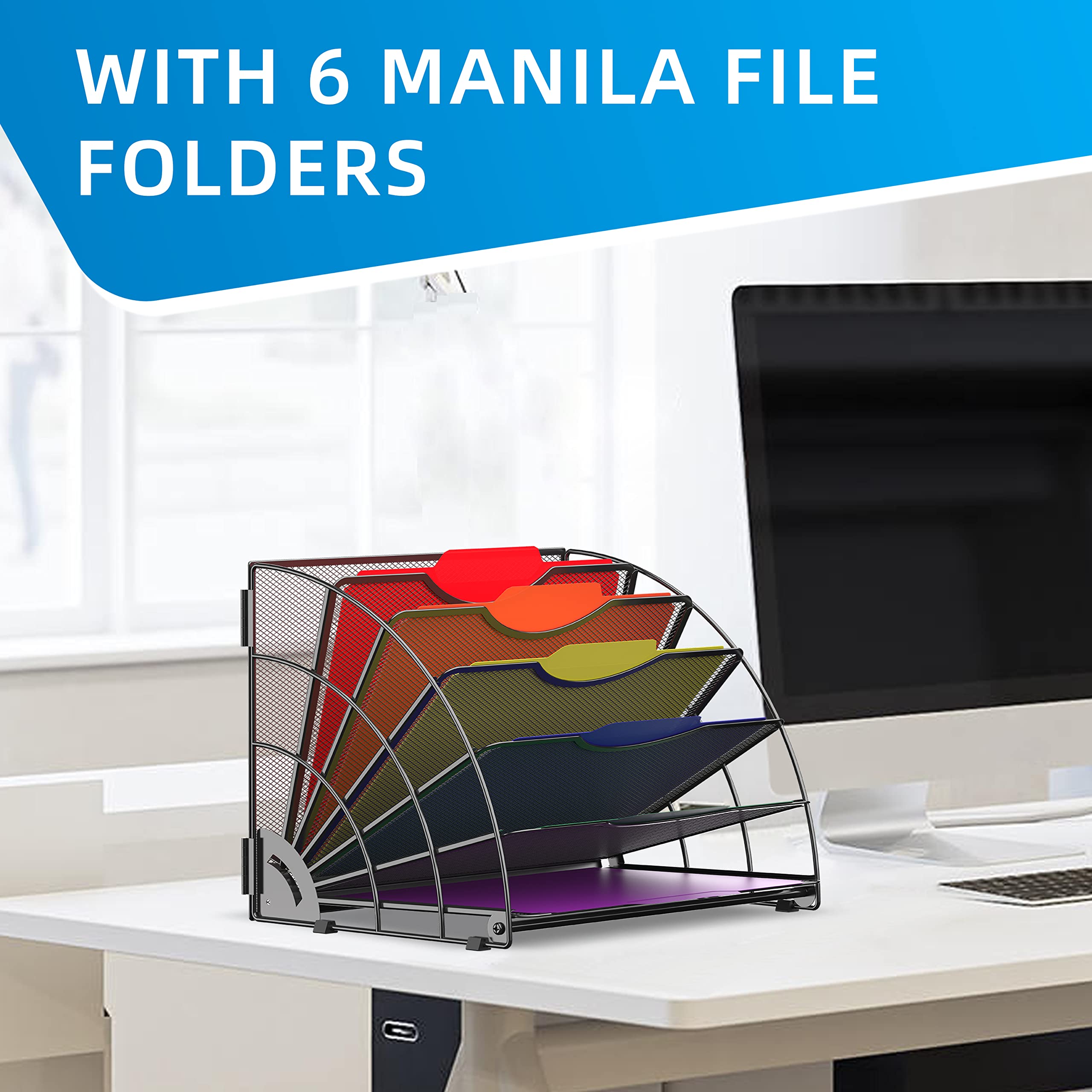 Supeasy Fan Shaped Desk File Organizer, 6 Compartments For Filing Paper Bills, Letters, Desk Accessories For Workspace, School,