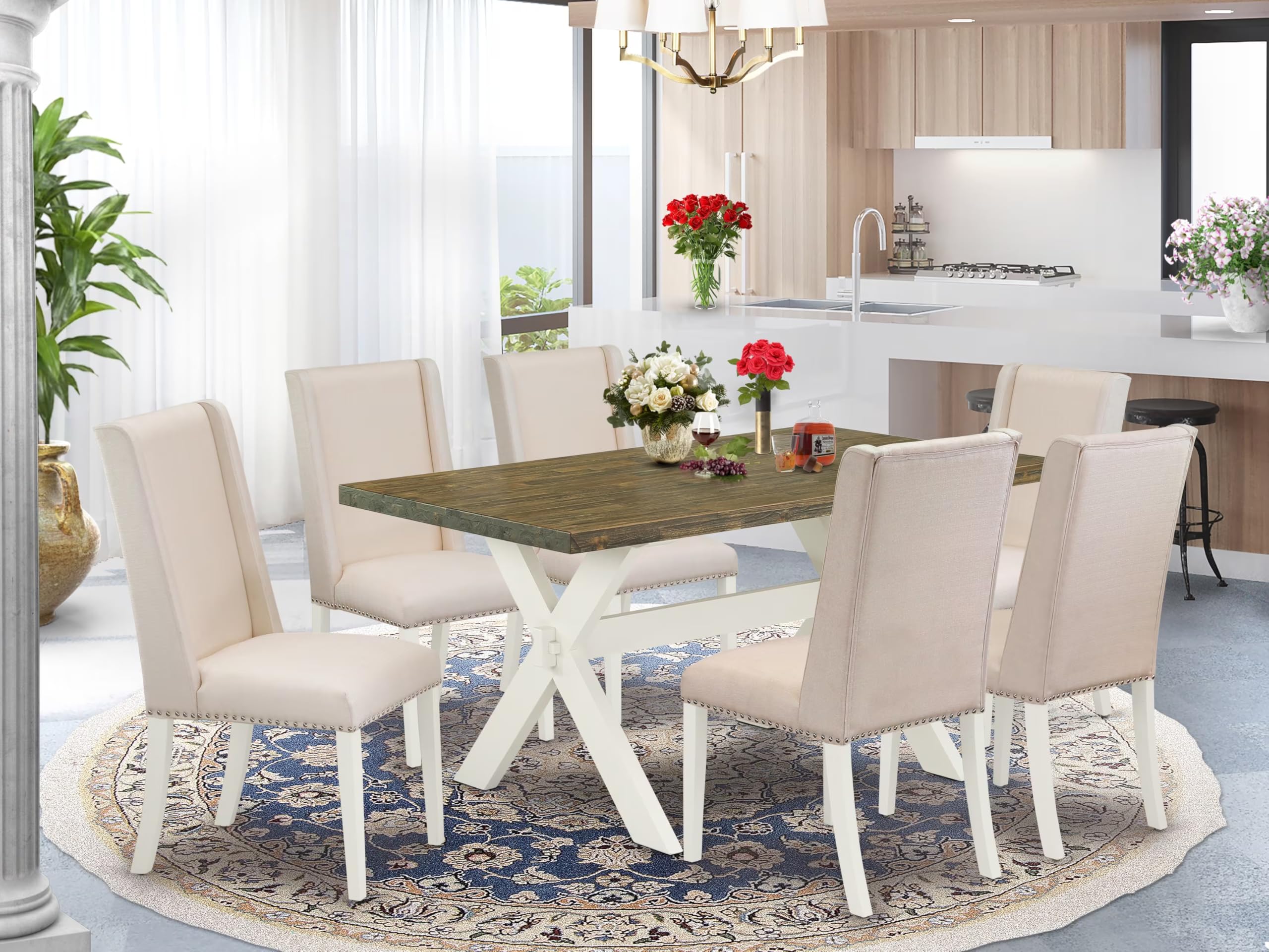 East West Furniture X076Fl201-7 7 Piece Kitchen Table & Chairs Set Consist Of A Rectangle Dining Room Table With X-Legs And 6 Cream Linen Fabric Parson Chairs, 36X60 Inch, Multi-Color