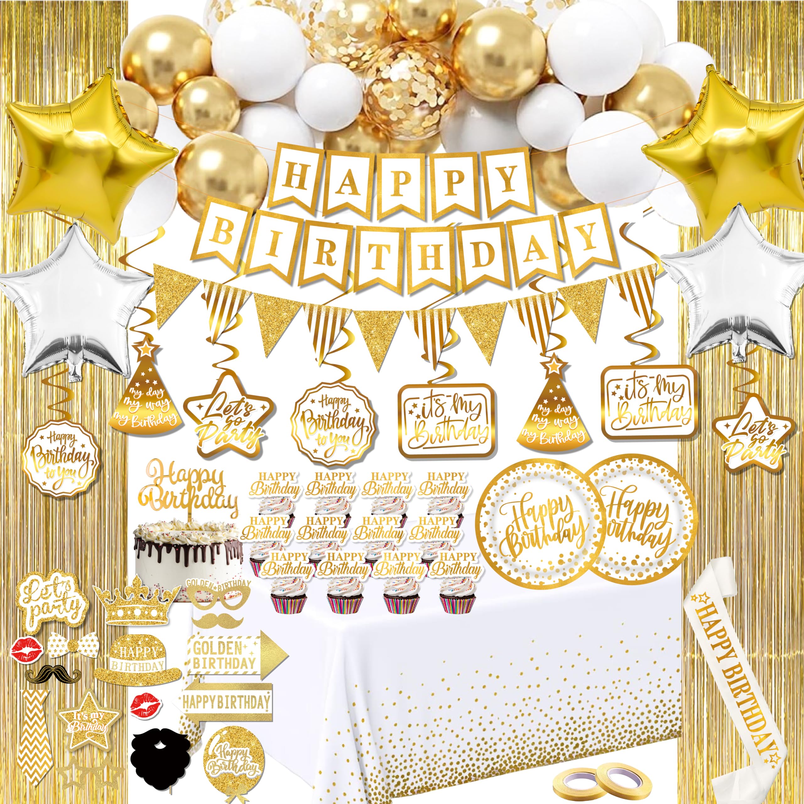 Gold Birthday Decorations for Women Men - (Total 89pcs) Gold Party Banner, Pennant, Hanging Swirl, Foil Backdrops, Balloons, Gol