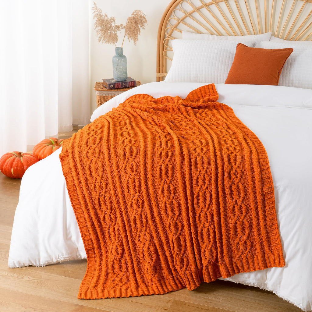 Battilo Burnt Orange Throw Blanket 51' X 67' Warm Fall Throw Blanket For Couch, Halloween Throw Blanket,Woven Chenille Knit Th