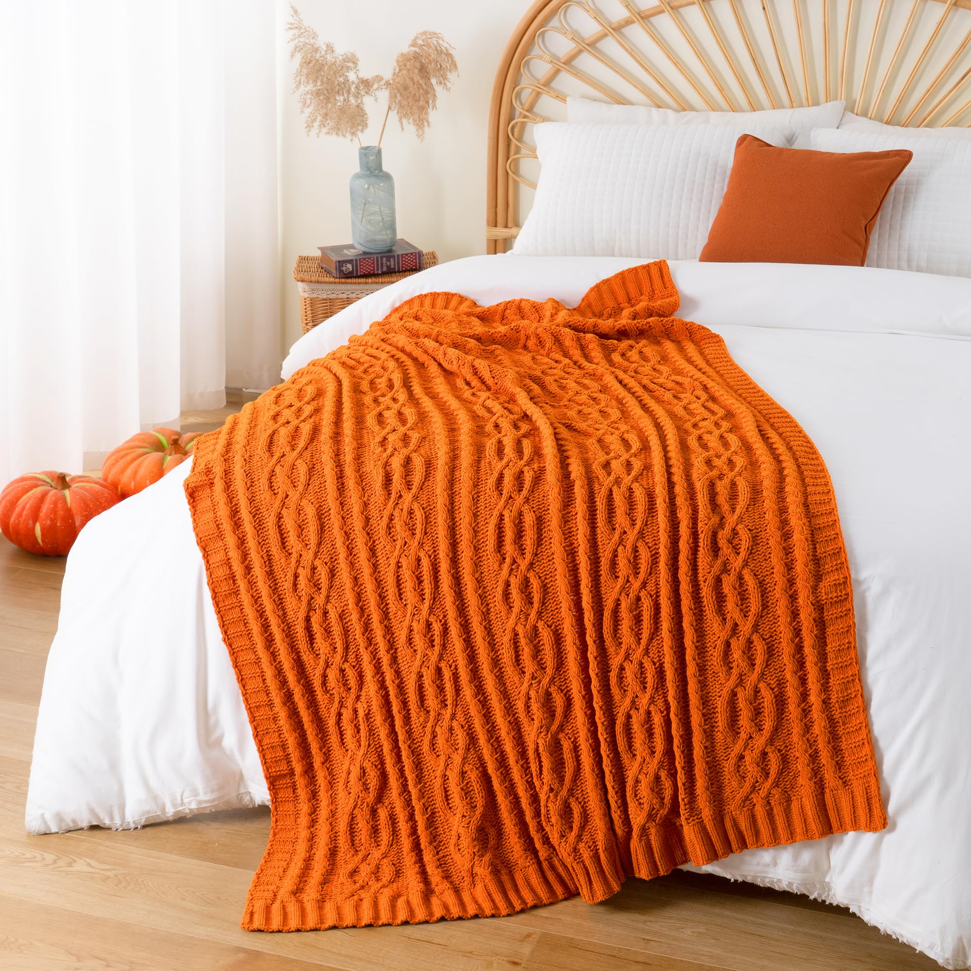 Battilo Burnt Orange Throw Blanket 51' X 67' Warm Fall Throw Blanket For Couch, Halloween Throw Blanket,Woven Chenille Knit Th