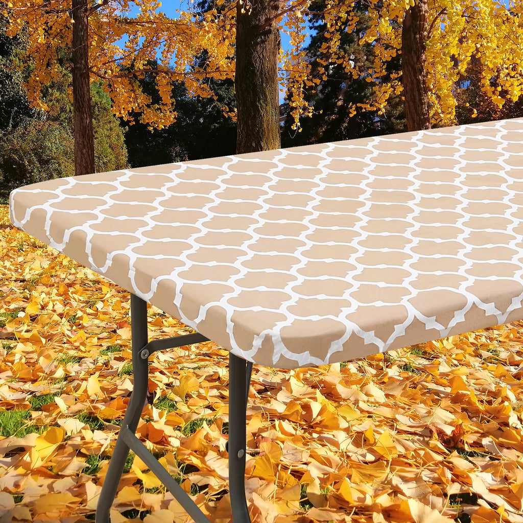 Smiry Rectangle Picnic Table Cover, Waterproof Elastic Fitted Camping Table Covers For 8 Foot Tables, Wipeable Flannel Backed Vinyl Tablecloth Protector For Indoor, Outdoor (Khaki, 30X96 Inches)