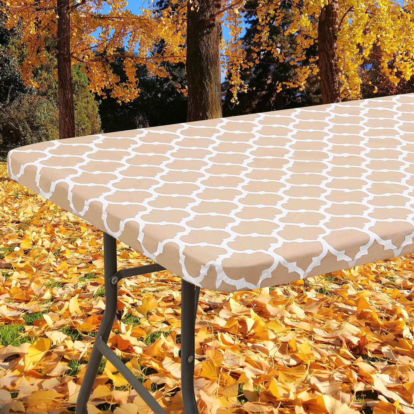 Smiry Rectangle Picnic Table Cover, Waterproof Elastic Fitted Camping Table Covers For 8 Foot Tables, Wipeable Flannel Backed Vinyl Tablecloth Protector For Indoor, Outdoor (Khaki, 30X96 Inches)