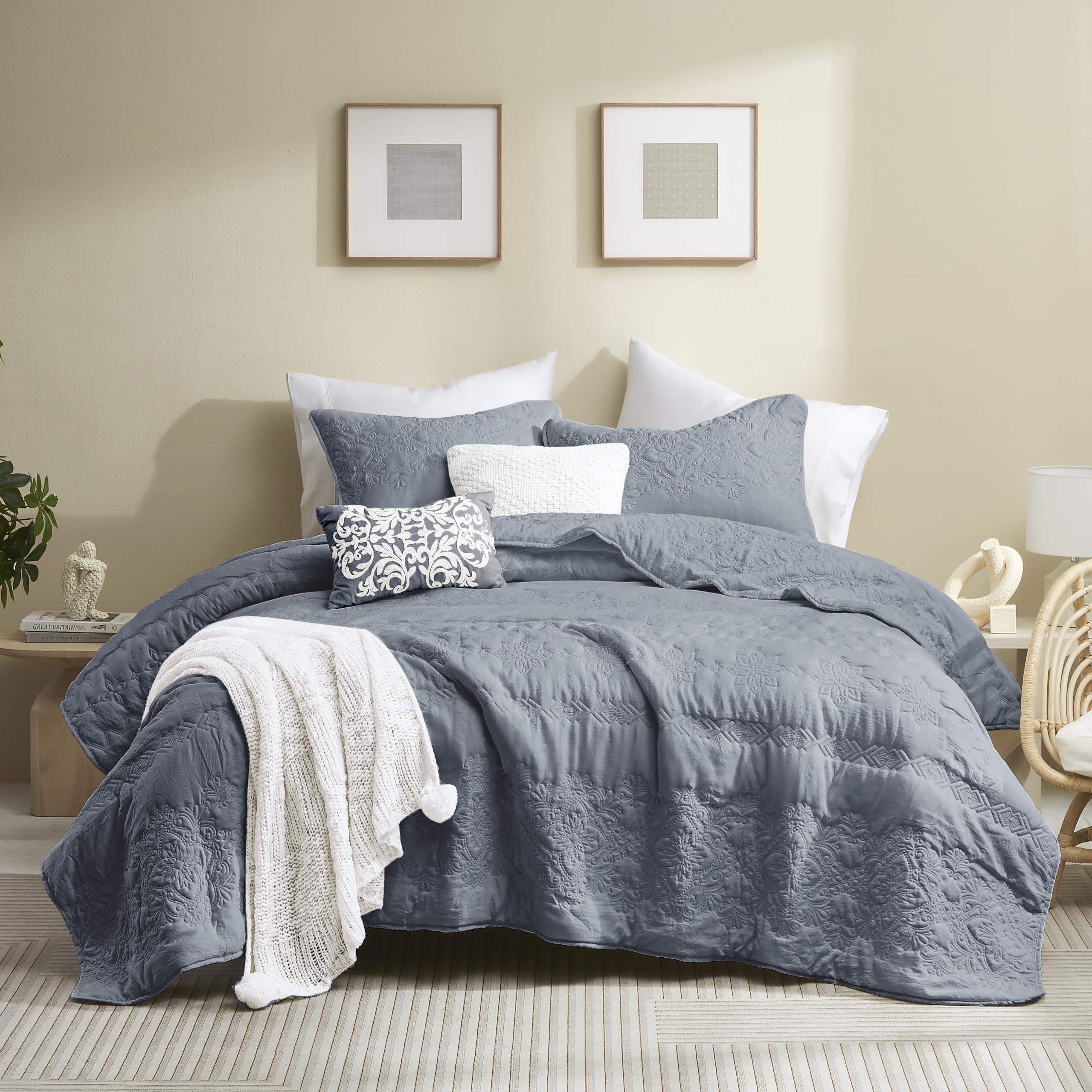 Boho Blue Quilt Queen Size Bedding Sets With Pillow Sham, Bohemian Lightweight Soft Bedspread Coverlet, Farmhouse Quilted Blanke