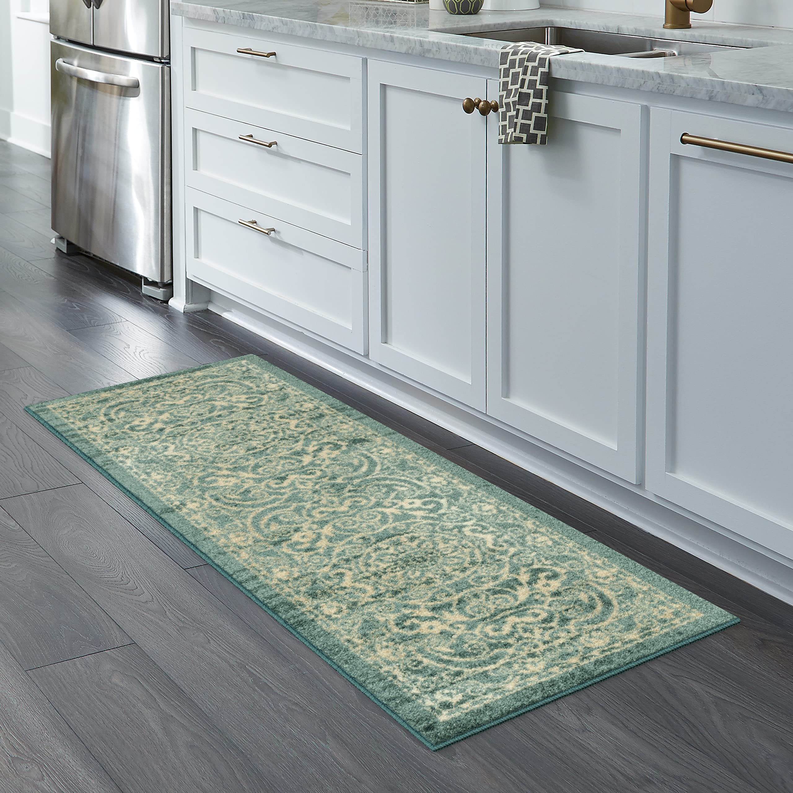 Maples Rugs Pelham Vintage Runner Rug Non Slip Washable Hallway Entry Carpet [Made in USA], 18 x 5, Light Spa