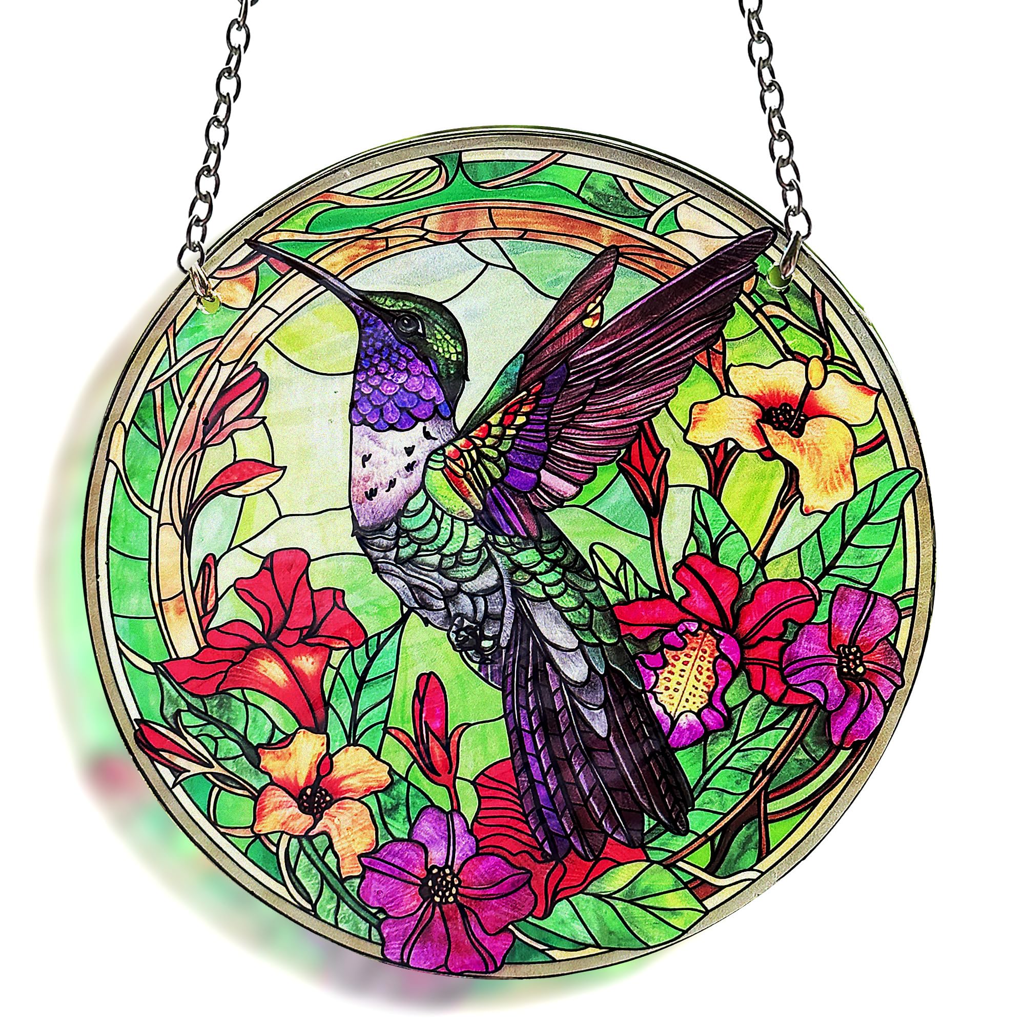 Hummingbird Stained Glass Decor for Women, Bird Lovers Window Hanging Panel. Green Birds Art Walldecor.