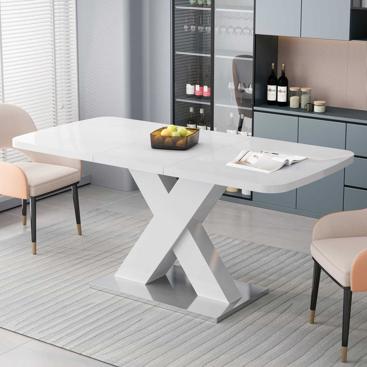 Lasadelgar Expandable Dining Table For 4, Extendable 47-63 Inch Modern White Dining Room Table With Mdf Table Top X-Shape Table