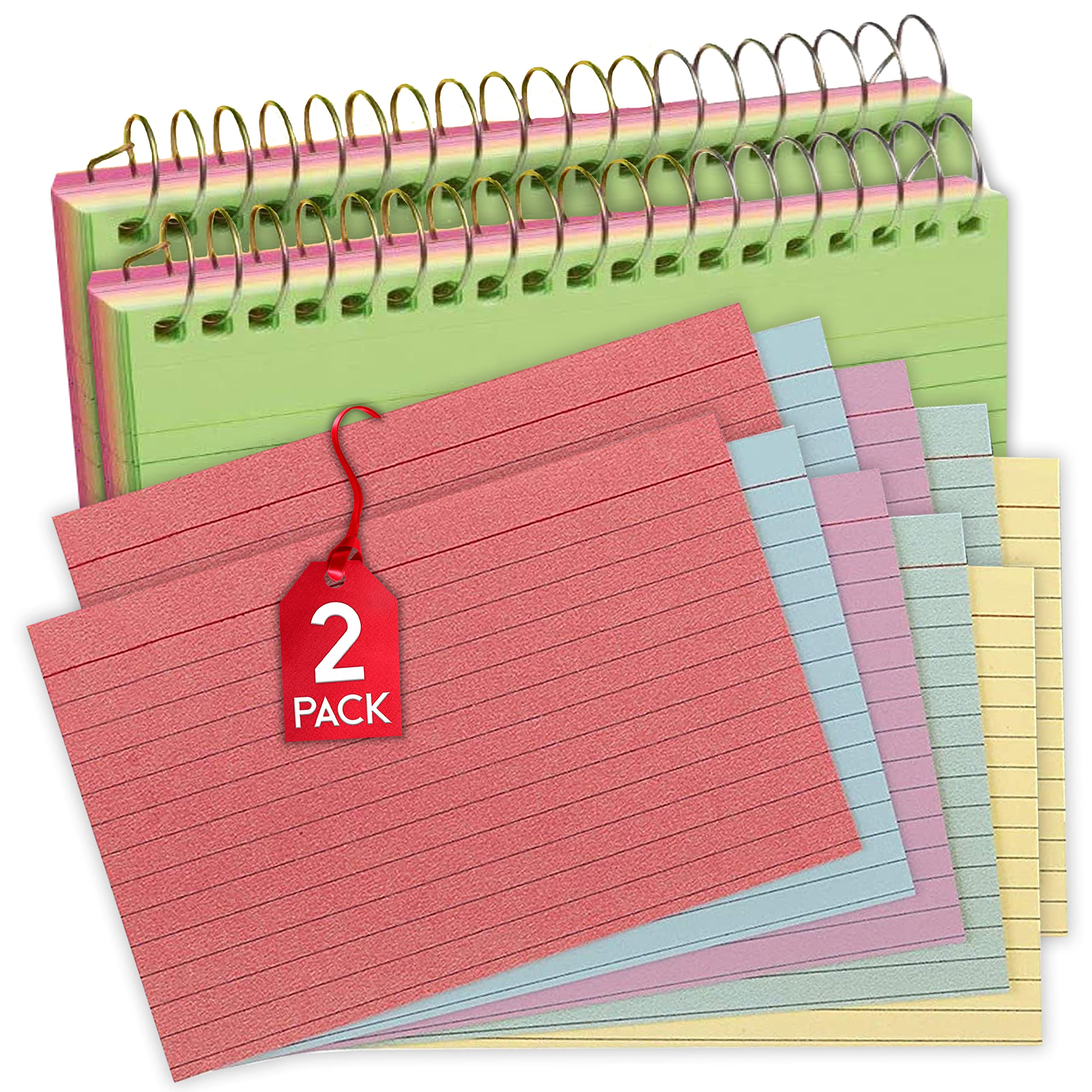 1Intheoffice Spiral Index Cards 4X6 Ruled, Index Cards Spiral Bound, Note Cards Spiral, Assorted Colors, 50 Sheets/Pack (2 Pack)